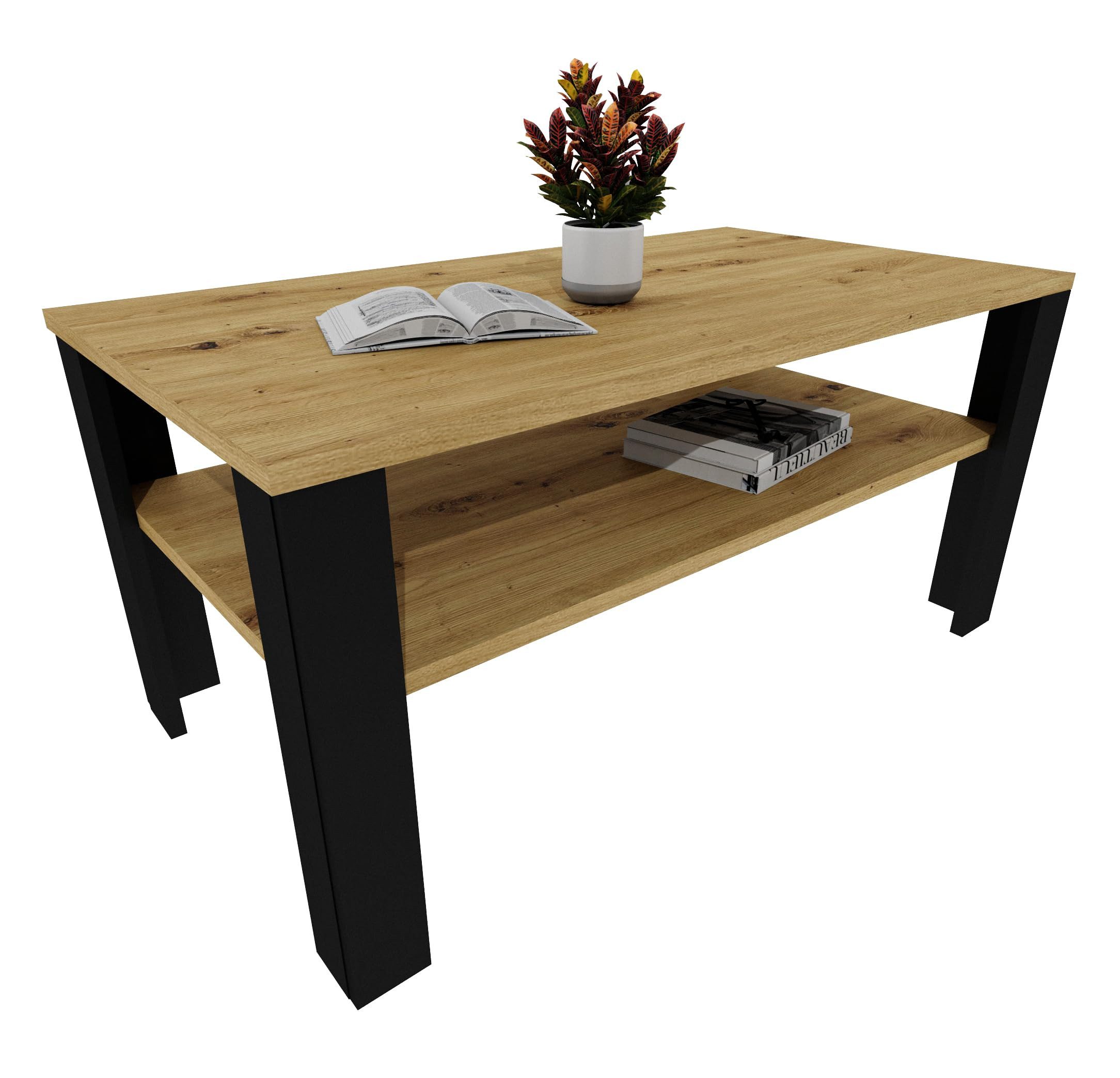 TREND WERK Couchtisch mit zusätzlicher Ablagefläche in 53×53×47 cm und 92×50×45 cm (Moderner Wohnzimmertisch im Retro Loft Design), Stabiler Beistelltisch für Wohnzimmer, Büro & Lounge