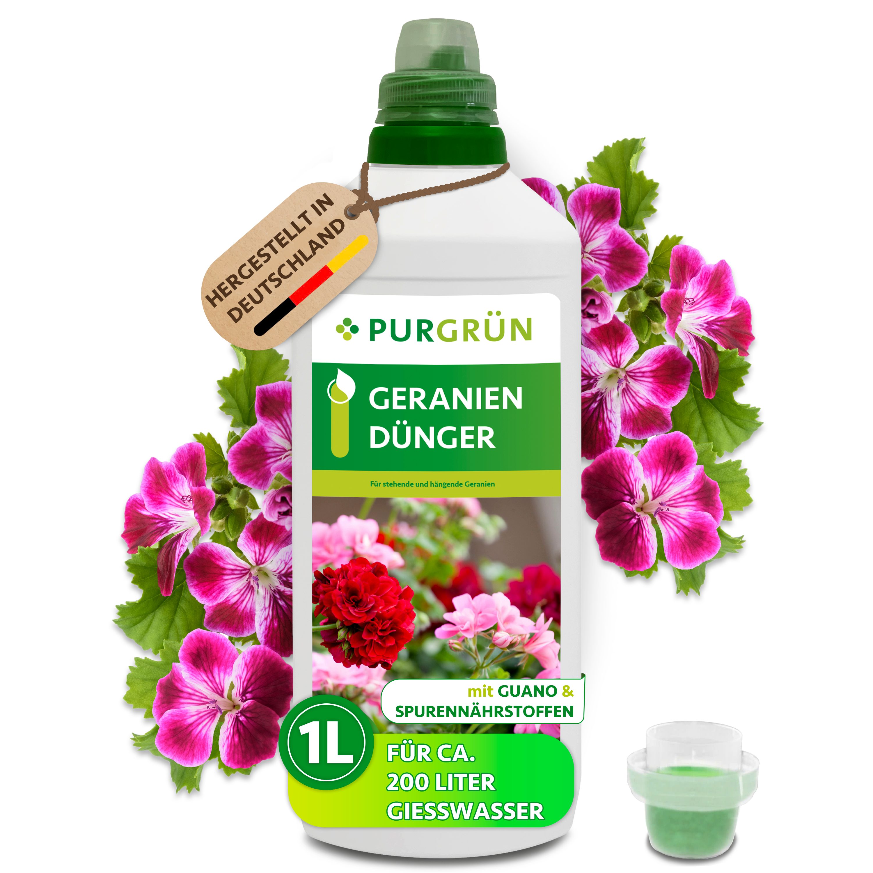 Purgrün Blumendünger Geraniendünger, NPK 5+7+8, Guano für leuchtende Blüten, 1L, Flüssigdünger, 1-St., 1 Liter