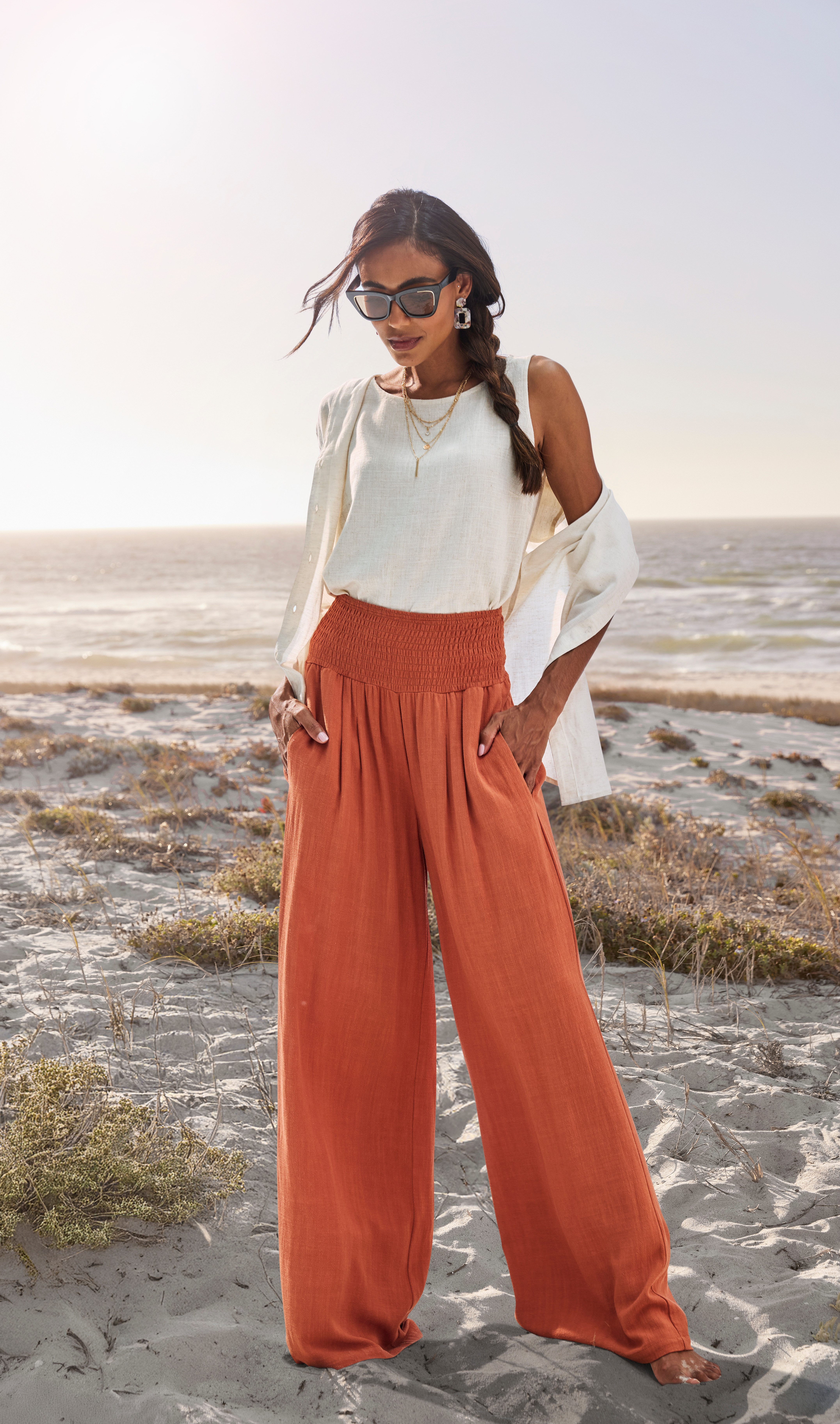 French Connection Leinenhose mit gerafftem Bund, weite Palazzohose für den Sommer