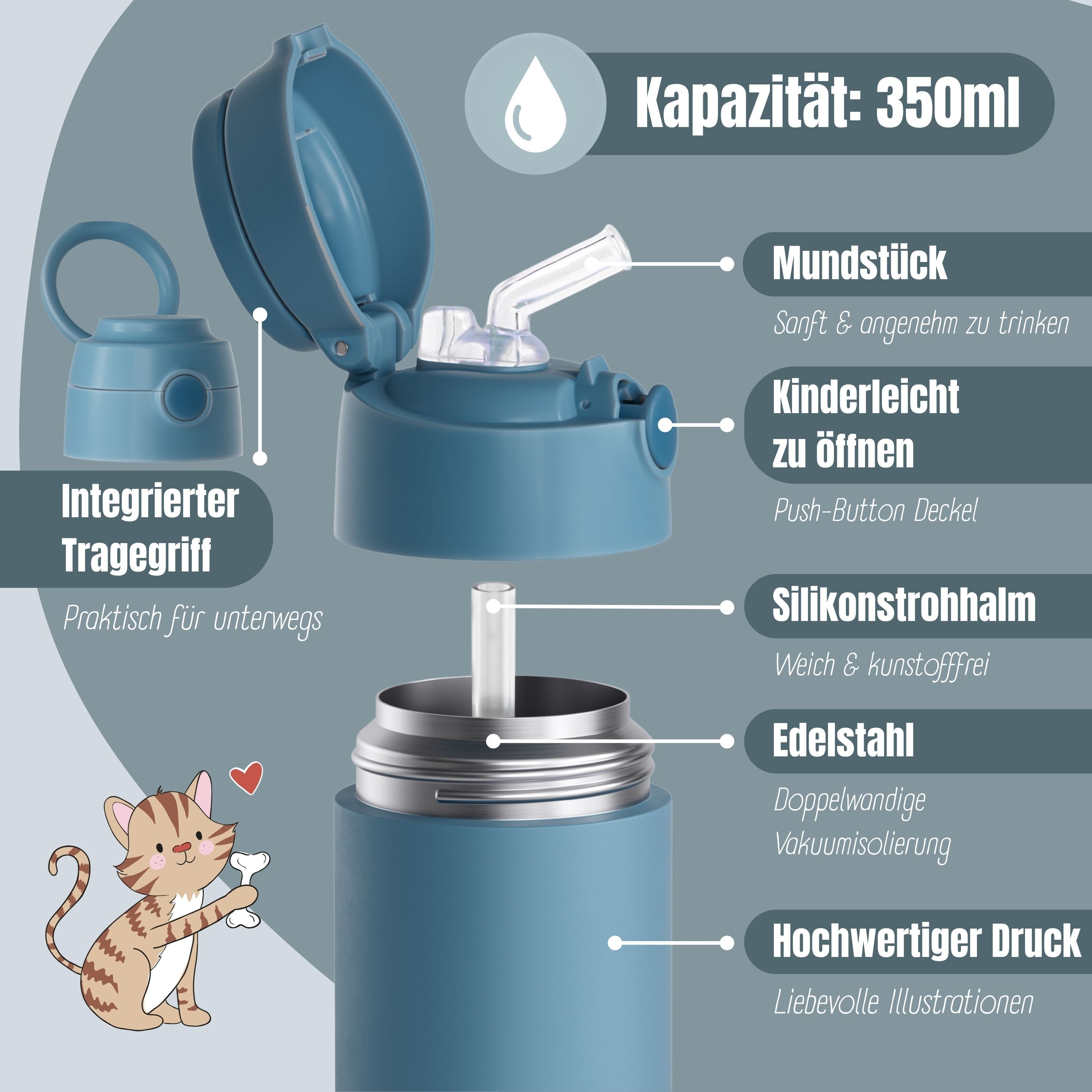 BEARFOOT Trinkflasche Thermo Kinder Trinkflasche Edelstahl - blau, Thermosflasche, auslaufsicher, Edelstahl, Kinderflasche, BPA-frei – Bild 5 von 5