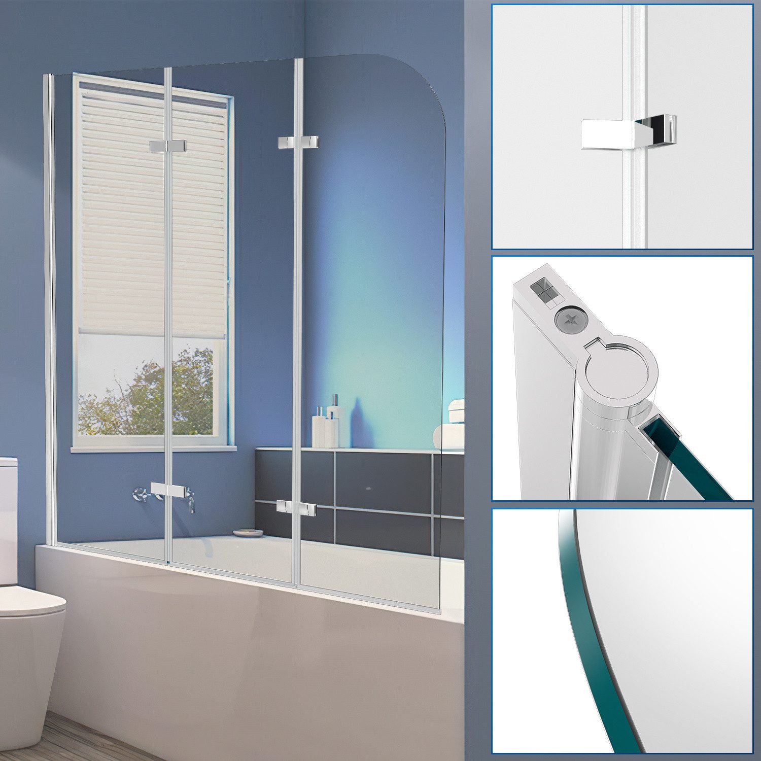 Clanmacy Badewannenaufsatz Duschwand Badewanne 120x140 cm 3-teilig ESG 6 mm Silber