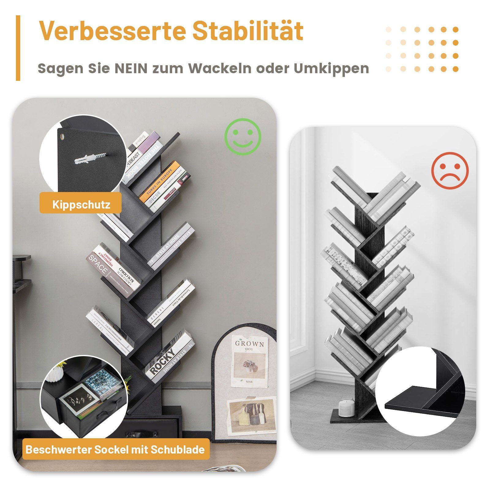 COSTWAY Bücherregal, 8-stöckig, mit Schublade, Baumform, 38x21,5x149,5cm