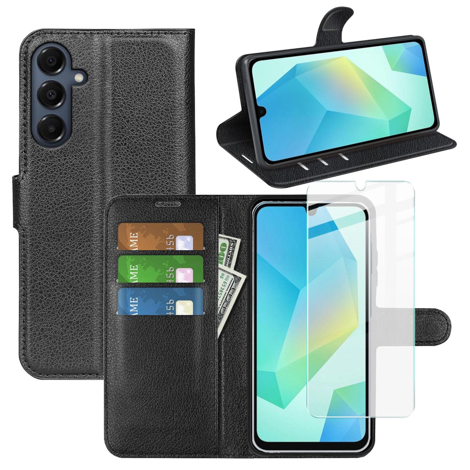 Wigento Smartphone-Hülle + 9H Schutzglas für Samsung Galaxy A17 5G / 4G Kunstleder Schwarz, Produktset Kunst-Leder Tasche + H9 Hart Glas