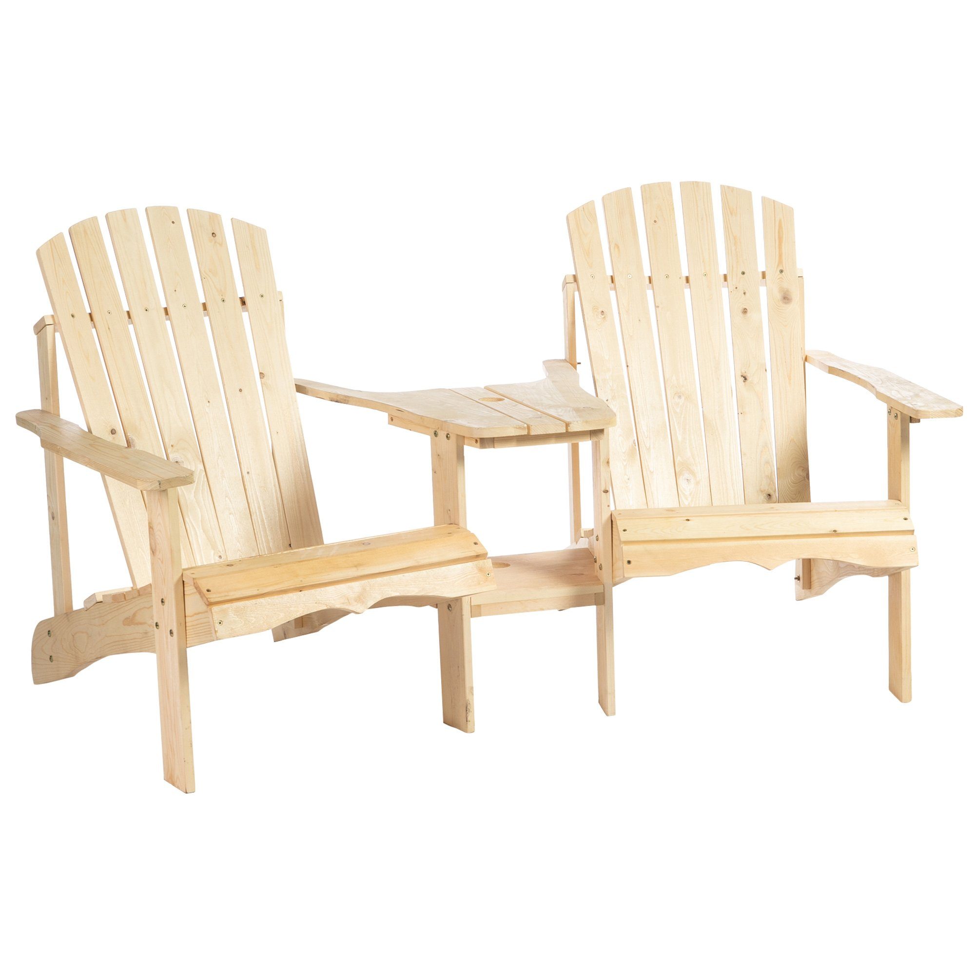 Outsunny Gartenstuhl Adirondack mit Tisch und Schirmloch 2 Sitzer Sitzgruppe für Balkon (Gartensessel, 1 St), Massivholz Naturholz 178 x 87 x 92 cm