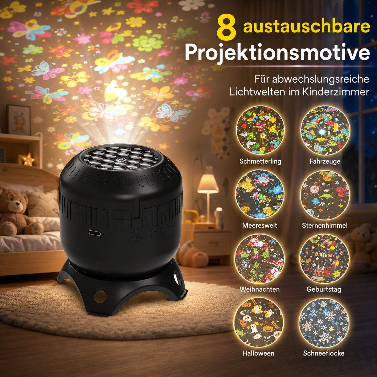 Vornix Projektionslampe Projektionslampe mit 8 Wechselmotiven, Nachtlicht Projektor für Kinderzimmer, drehbare Projektion, USB-C, 0,8–3,2 m Projektionsabstand – Bild 3 von 5