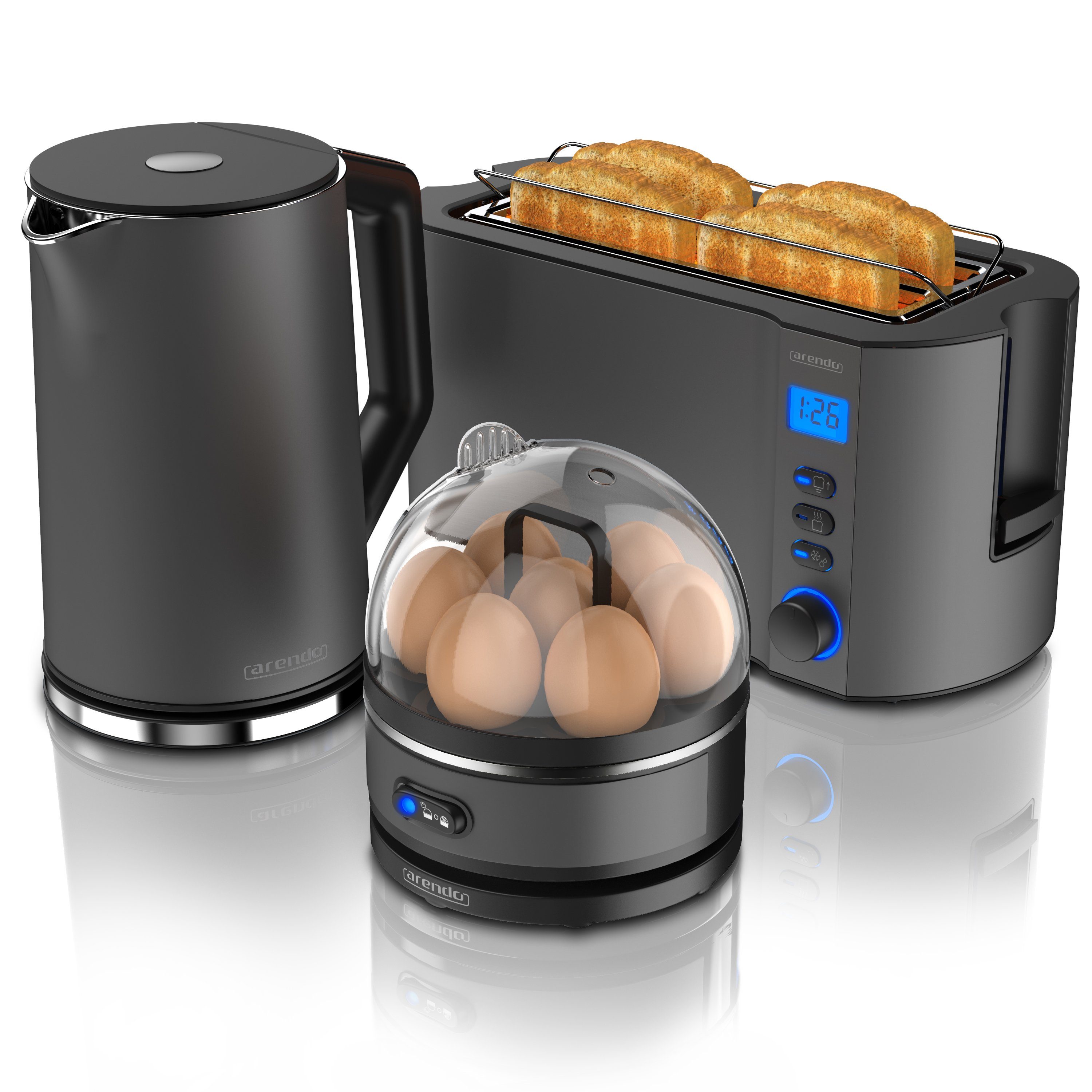 Arendo Frühstücks-Set (3-tlg), Wasserkocher 1,5l, 4-Scheiben Toaster, 7er Eierkocher, Grau