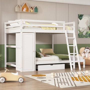 Flieks Etagenbett, Massivholzbett Kinderbett mit Kleiderschrank und Schublade 90x200cm