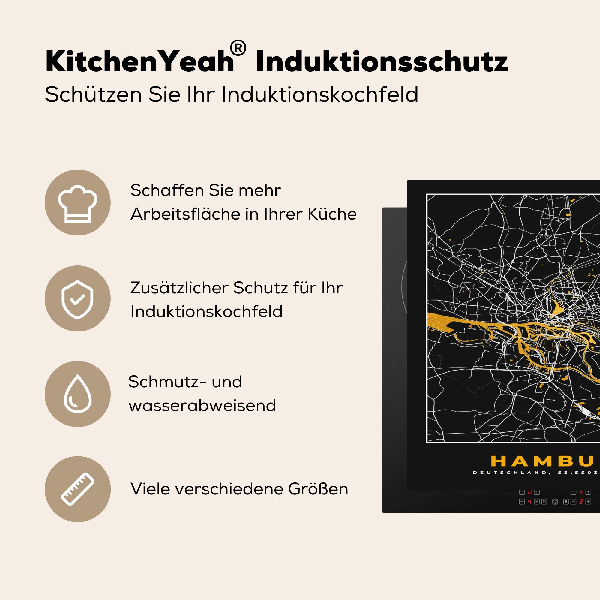 Ceranfeldabdeckung, Herdblende-/Abdeckplatte Vinyl, - 78x78 Stadtplan, küche - Gold cm, Deutschland - tlg), für MuchoWow Hamburg Karte Arbeitsplatte (1 -