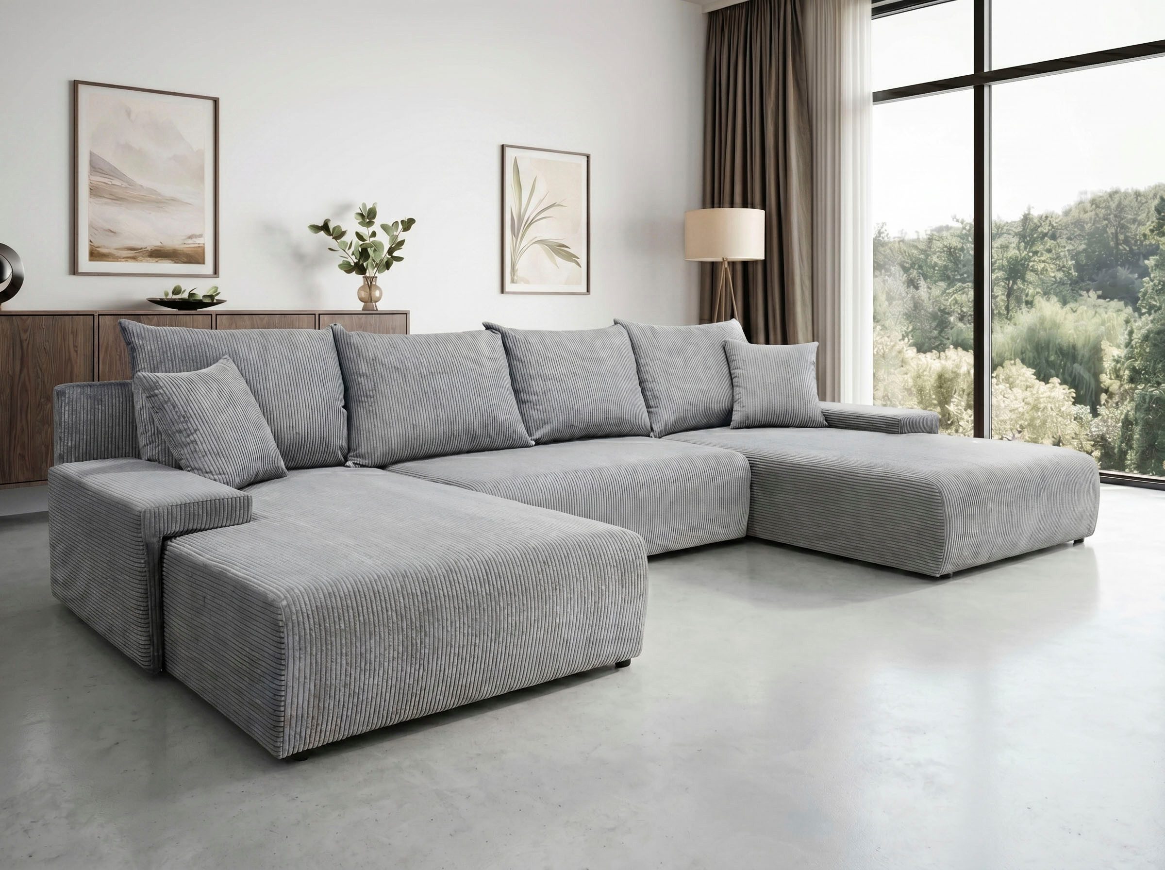 WERK2 Wohnlandschaft Amalfi mit Bett & Bettkasten, Cord, bequem, organisches Design, Cord, U-Form, XXL, Schlaffunktion, Bettkasten