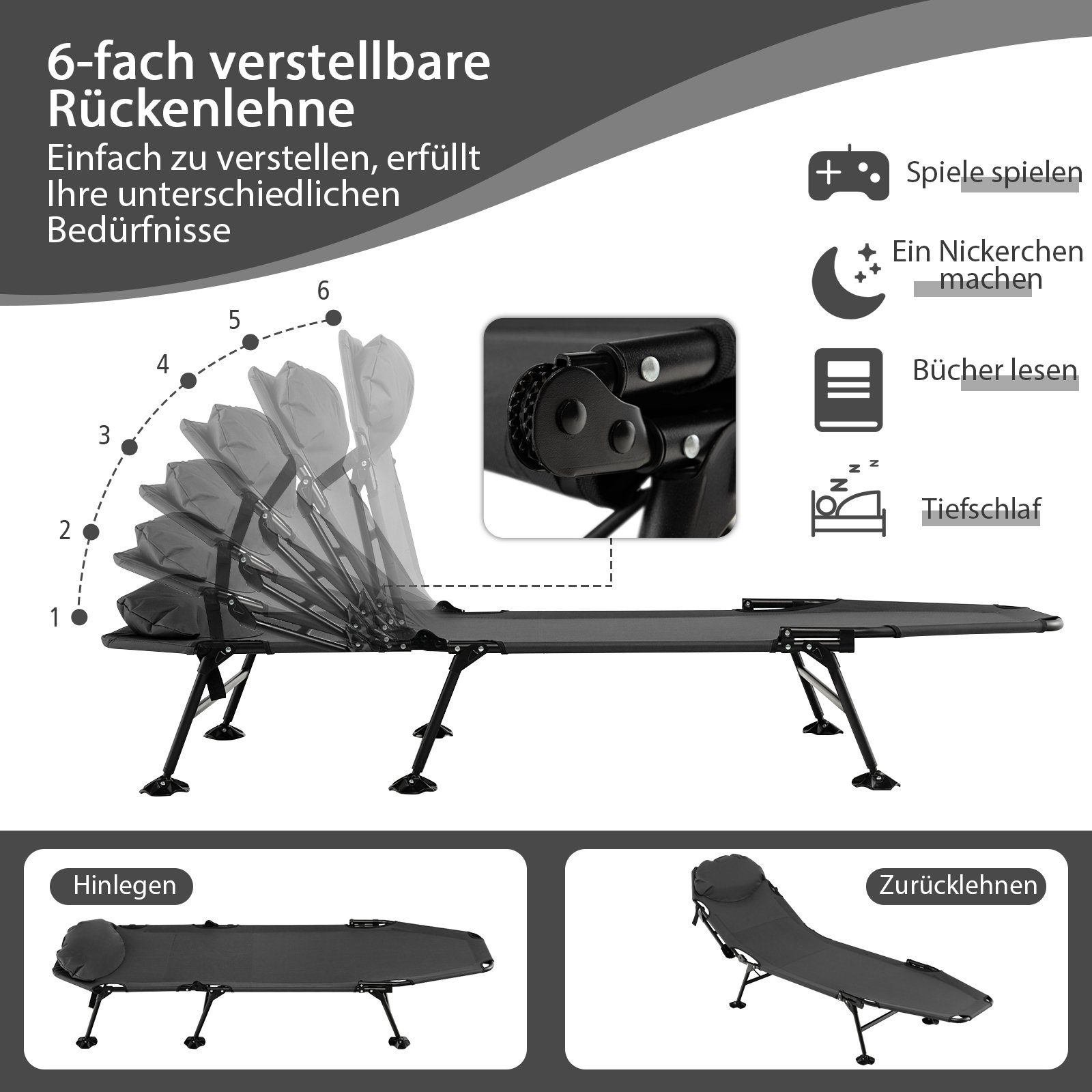 COSTWAY Campingliege Campingbett mit Matratze, klappbar & 6-Fach verstellbar