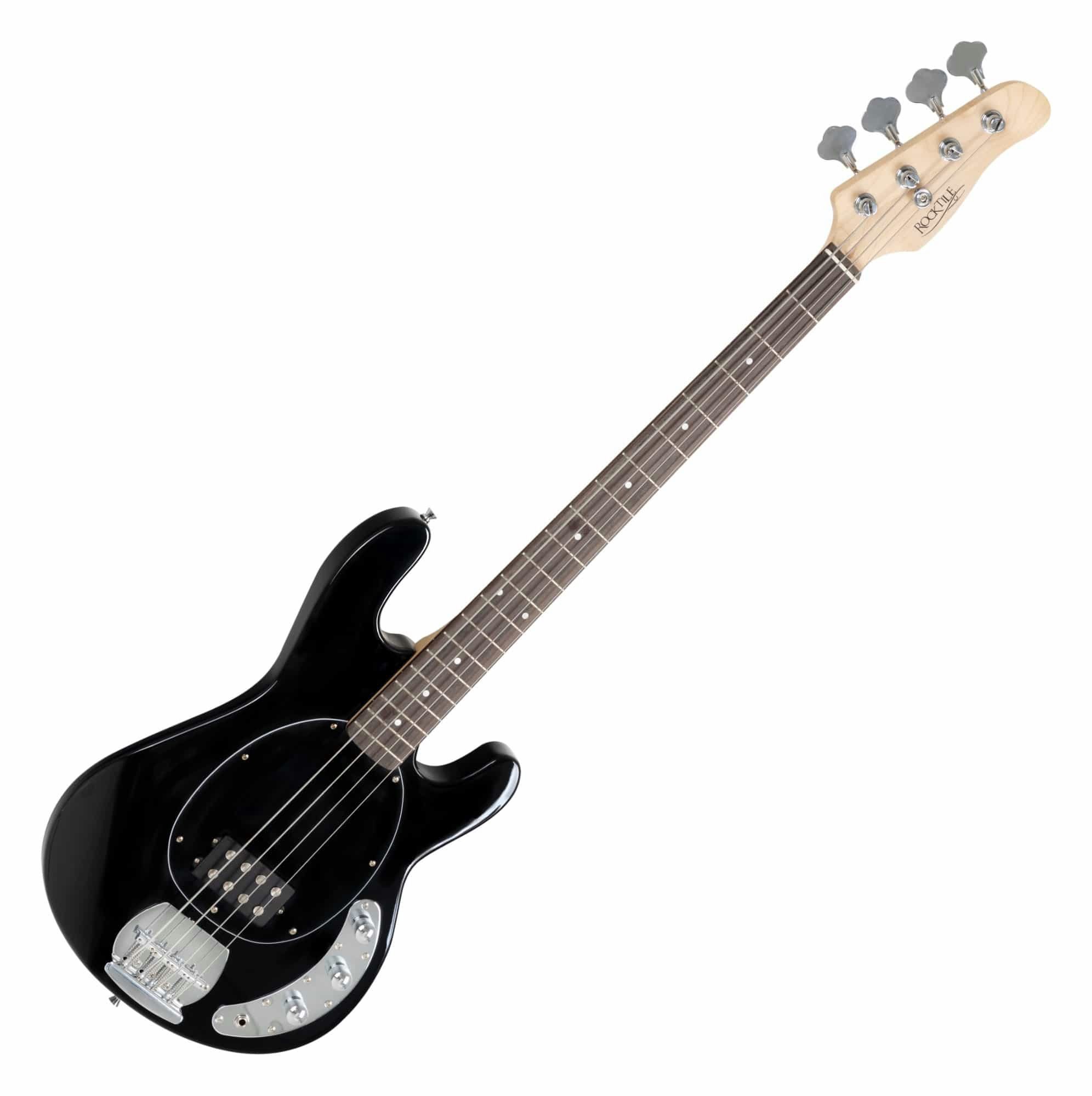 Rocktile E-Bass MB-4 BK Passiver Elektrobass, Super-Set, Inkl. Amp, Gigbag, Metro-Tuner, Gurt, Ständer, Kabel und Schule, Body: Linde, Hals: Ahorn