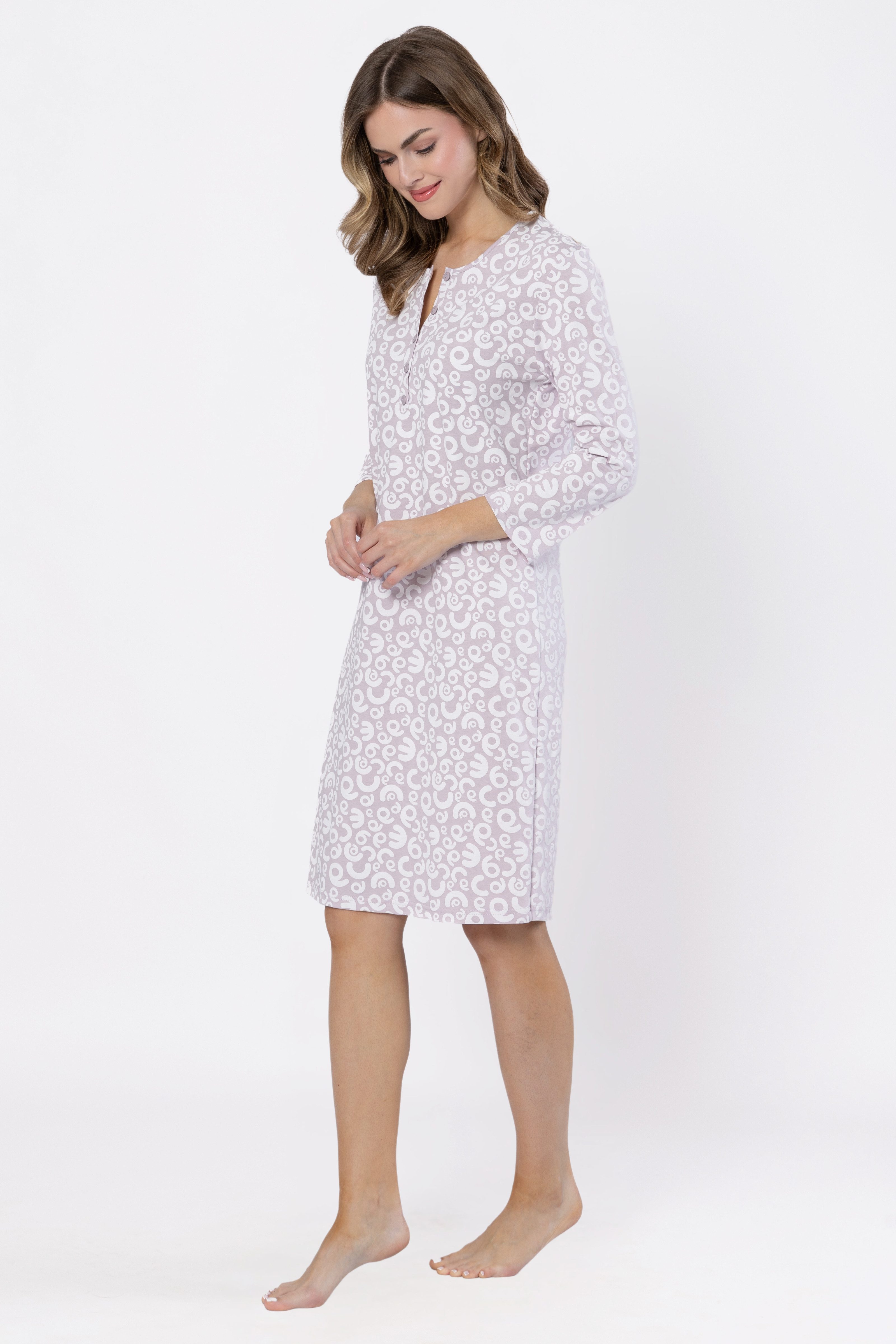 COOLISMO NIGHTWEAR Nachthemd Damen mit 3/4 Arm 100% weiche Baumwolle, mit Knopfleiste
