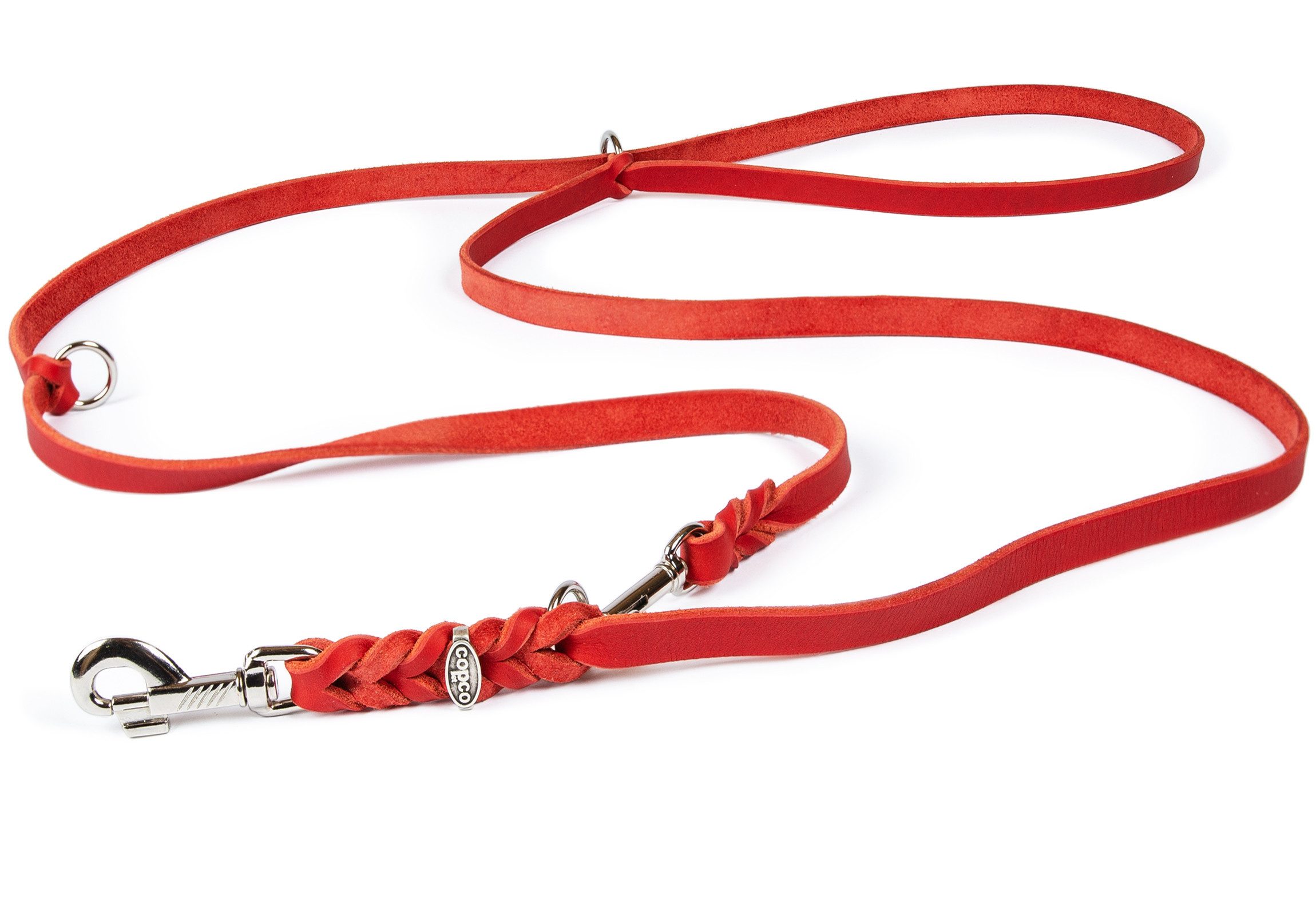 CopcoPet Hundeleine Fettlederleine Hundeleine geflochten dreifach verstellbar, Leder, Führerleine, zum umhängen, pflanzlich gegerbt, verschiedene größen