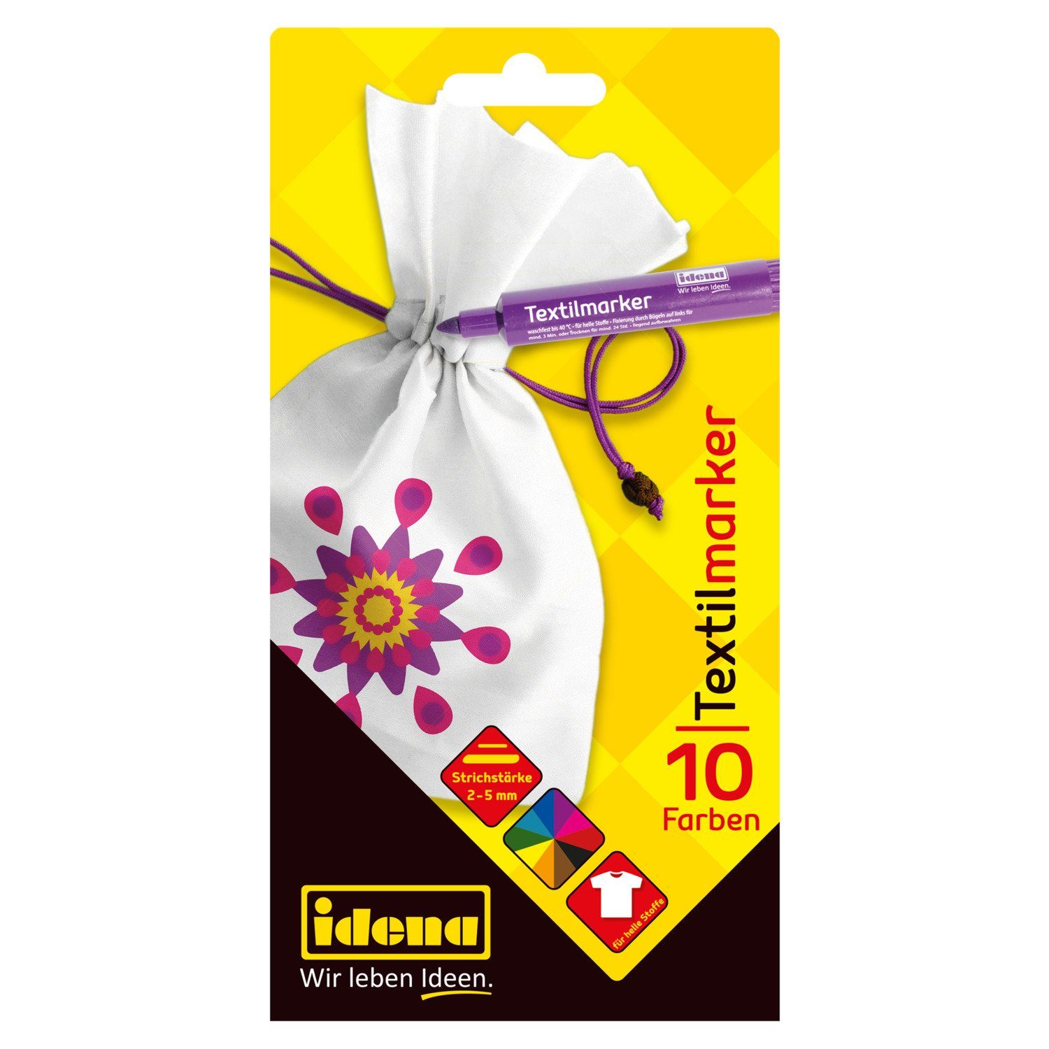 Idena Textilmarker Idena 61044 - Textilmarker für helle Stoffe, 10 Textilstifte in leucht