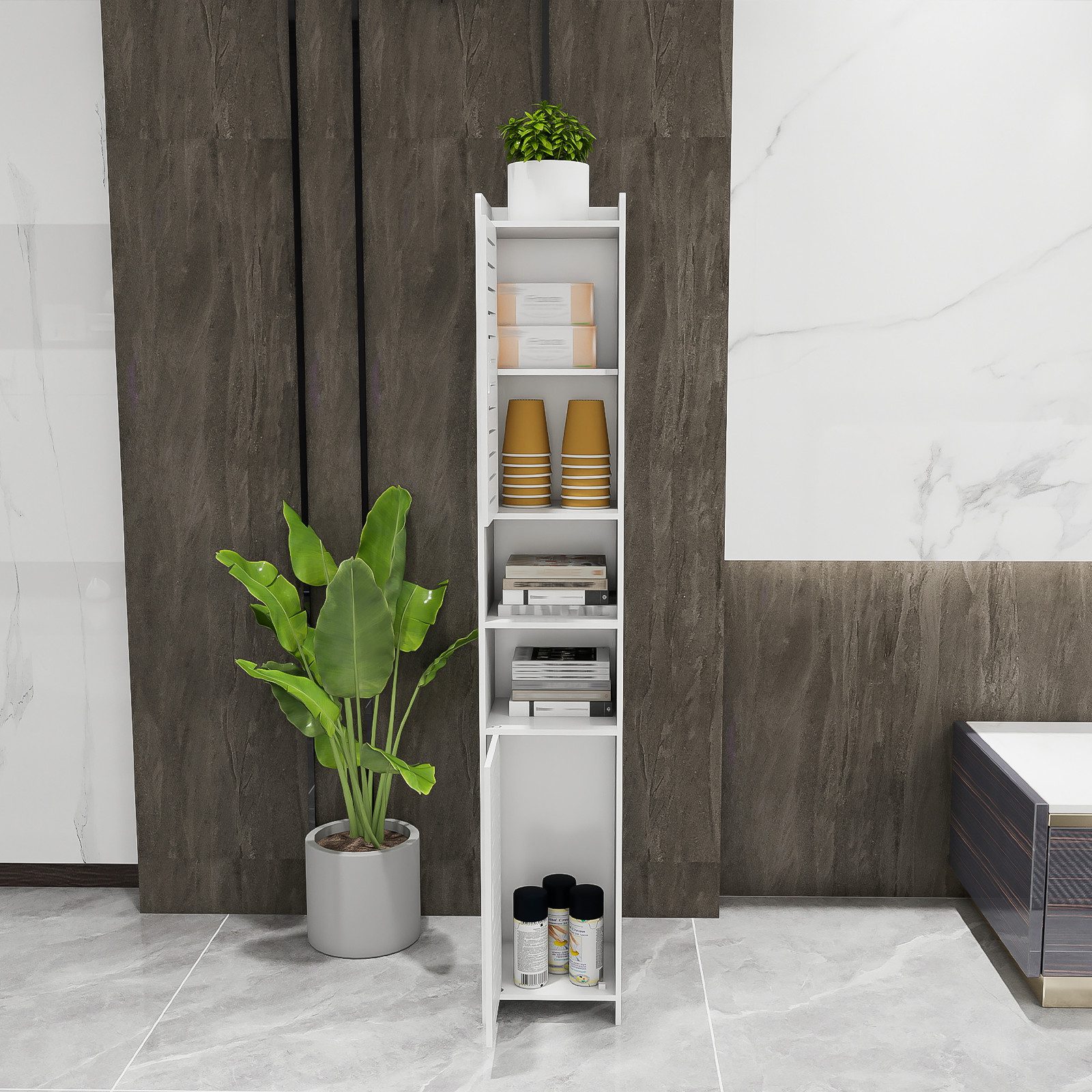 JEOBEST Badkommode Badzimmerschrank Schmal, Badschrank hoch, Beistellschrank, Platzsparendes Badmöbel, Weiß 117x26x22cm