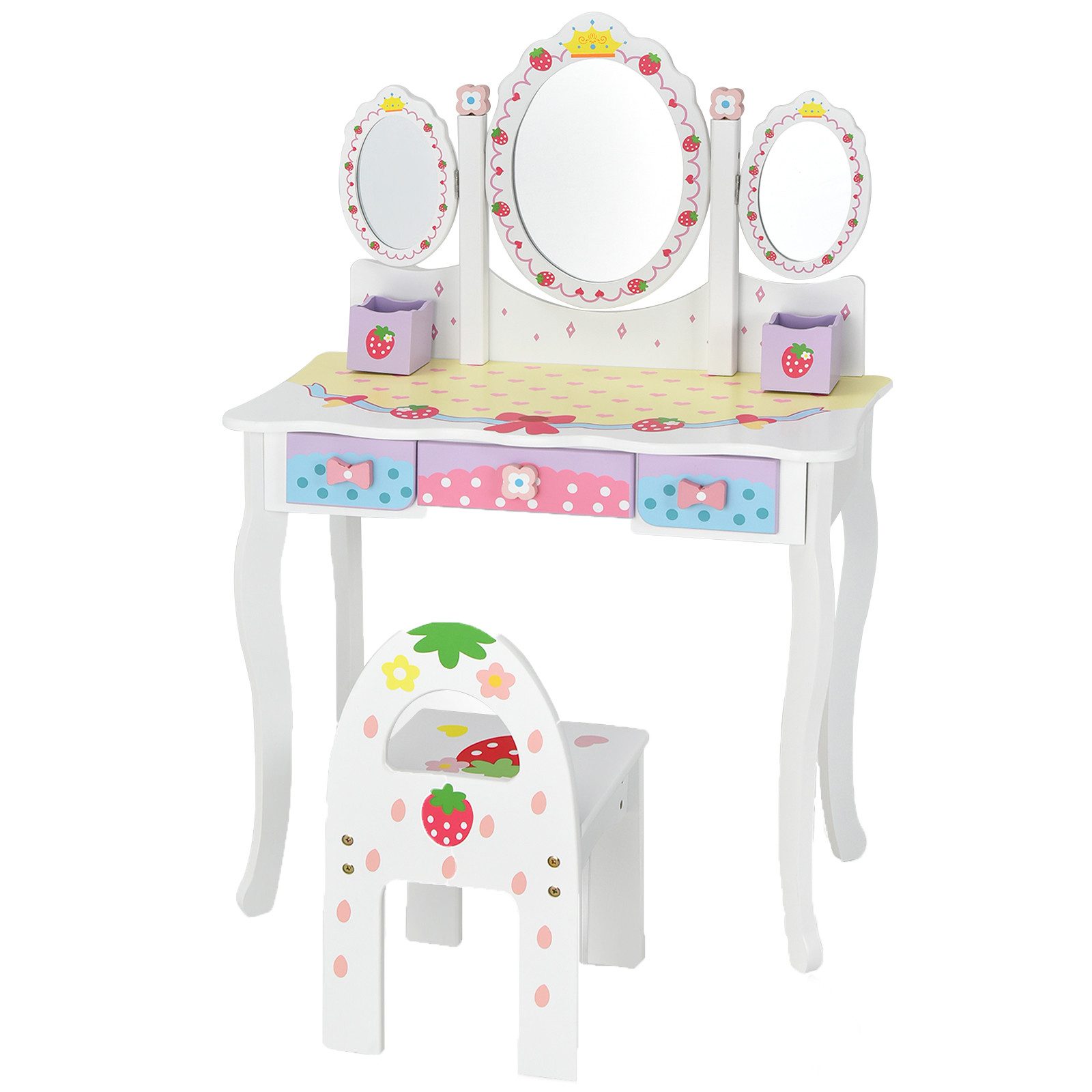 COSTWAY Schminktisch, Kinder, mit Hocker, klappbarem Spiegel & 3 Schubladen