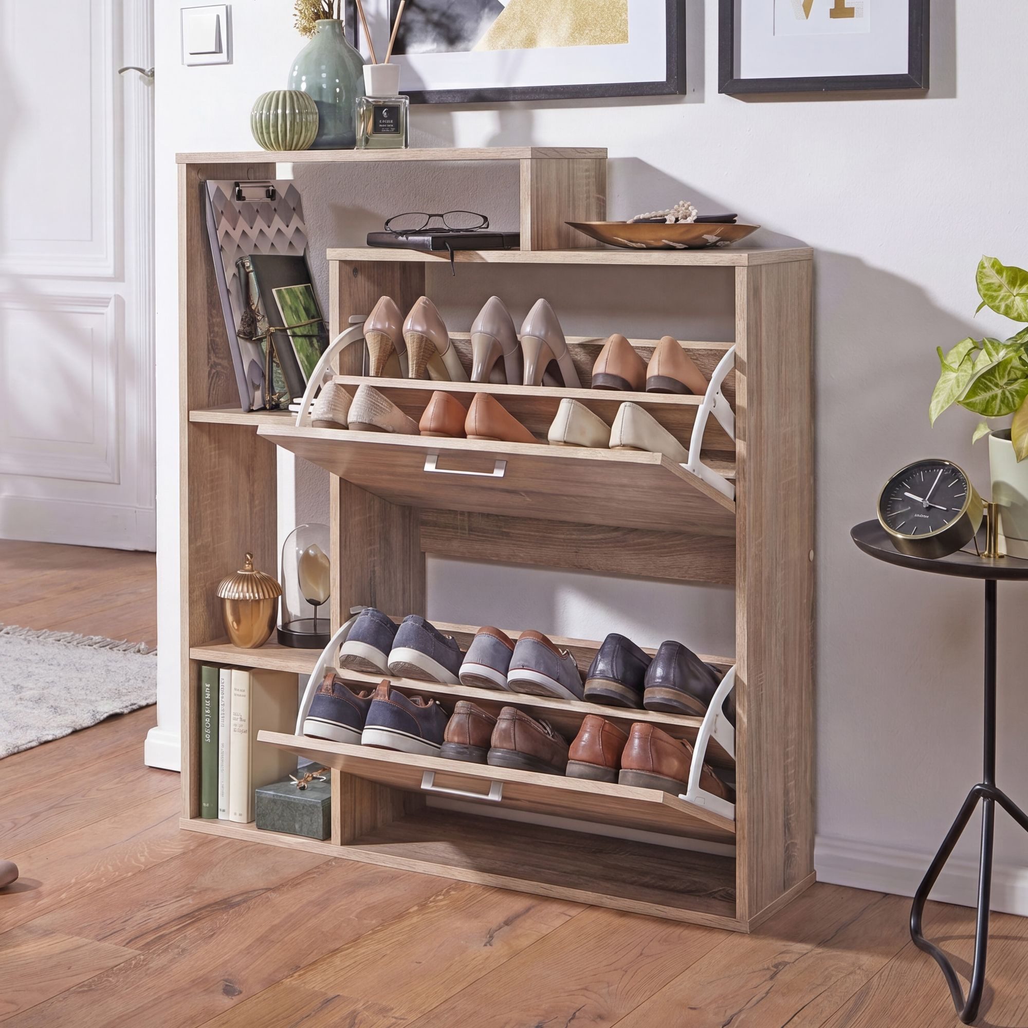 FINEBUY Schuhkipper FB45127 Holz 2 Fächer Sonoma 12 Paar Schuhe Schuhschrank (85x24x93 cm, Schuhschrank Sonoma Eiche Modern), Schuhregal mit Ablage, Flurschrank Schuhkommode