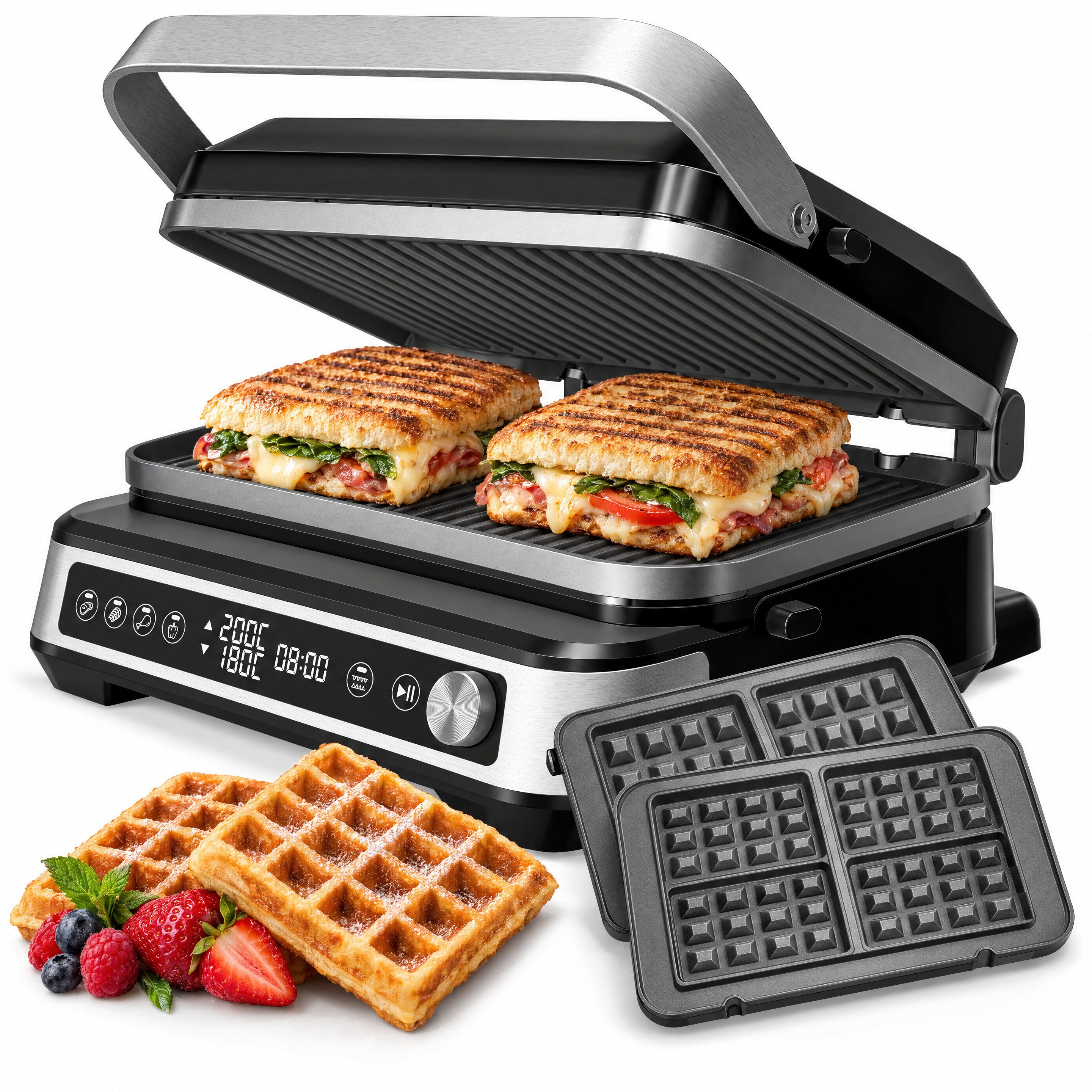 TurboTronic by Z-Line Kontaktgrill 2000 W mit Waffeleisen und Sandwichmaker, Wechselplatten, 180°-Öffnung, 2000 W, Sandwichmaker, Paninimaker, Tischgrill, 4 Programme, getrennte Hitze