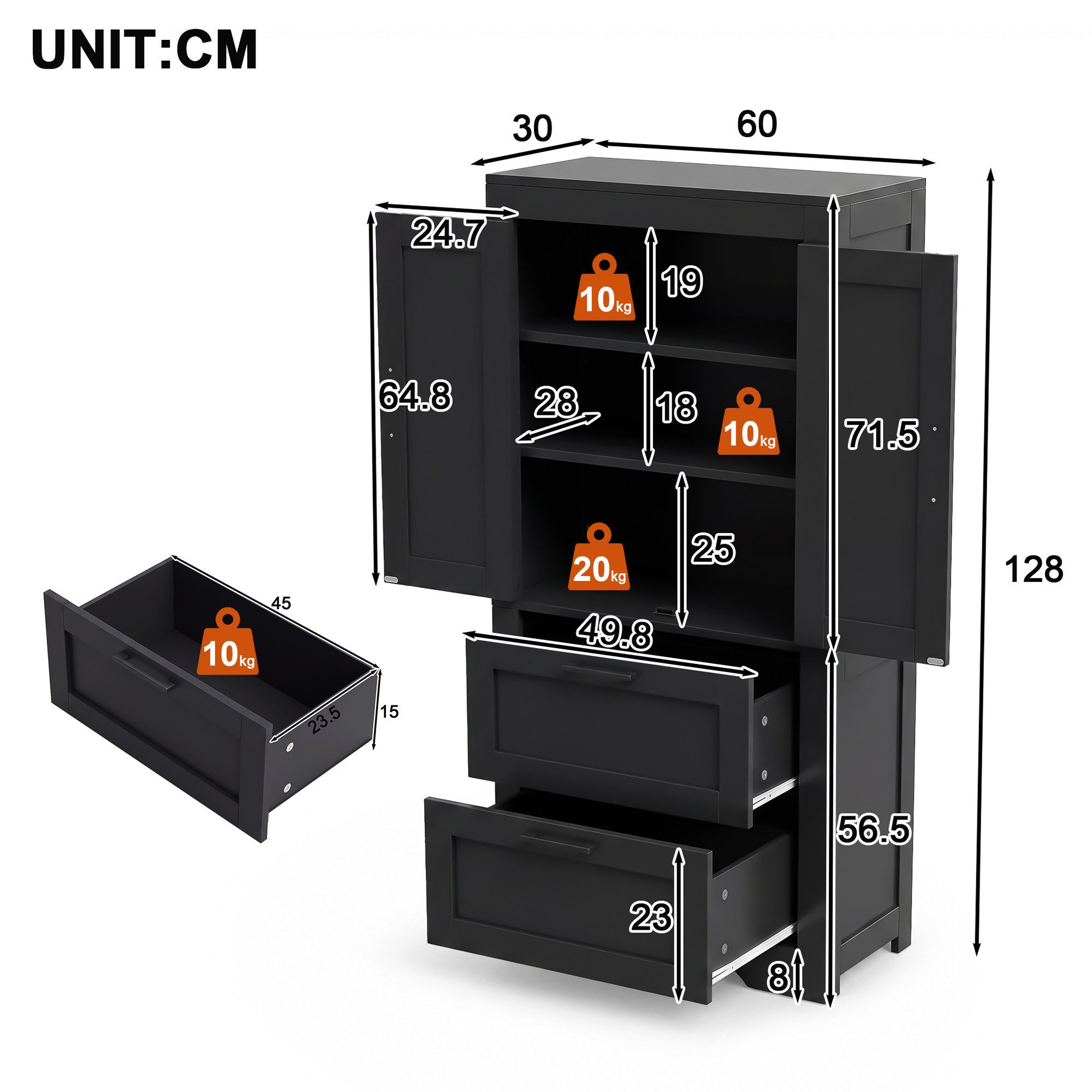 Yorbay Mehrzweckschrank Küchenschrank mit 2 Schubladen & verstellbaren Böden (60x30x128 cm,Landhausstil mit Metallscharnieren) Vielseitiger Aufbewahrungsschrank für Küche, Esszimmer & Wohnzimmer