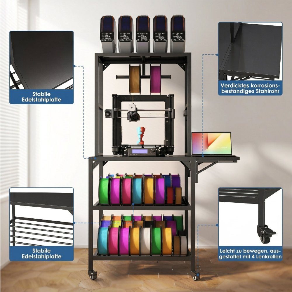 BBG Druckertisch 3D-Druckerständer aus Metall mit Filamentablage & T-Spulenhalter (mobiler 3D-Drucker Tisch mit Rollen & Bremsen), stabile Werkbank für Studio, Heim & Werkstatt