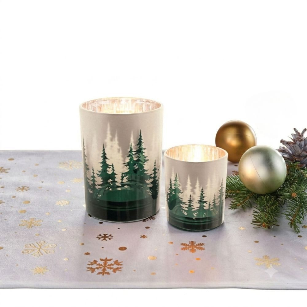 Home-trends24.de Windlicht Tannenwald Teelichthalter Kerzenhalter Silber Grün Deko Winter 2er (2 St)