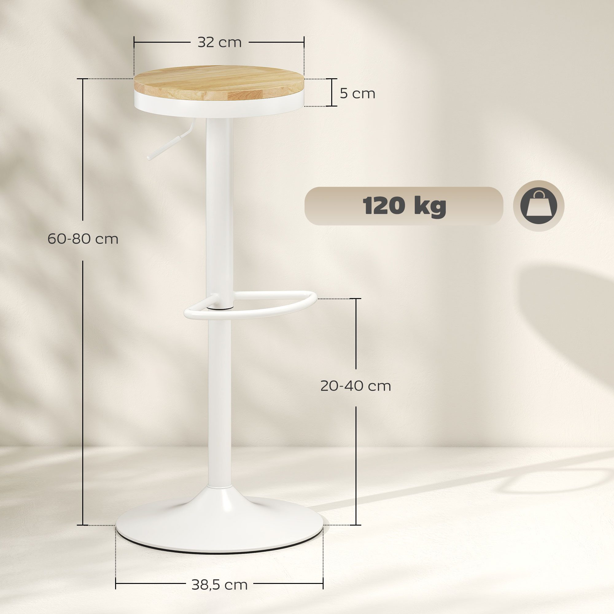 HOMCOM Barhocker Tresenhocker mit Stahlgestell und Fußstütze (360° Drehbar Küchenstühle, 2 St., Höhenverstellbar Barstuhl), für Küche, Wohnzimmer, Esszimmer Nat – Bild 3 von 5