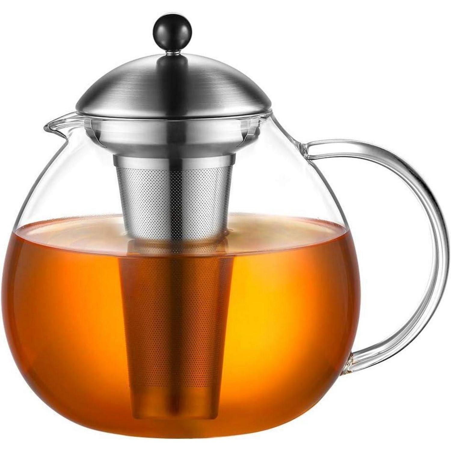 glastal Teekanne Silberne Teekanne 2000ml mit Edelstahl Teesieb Borosilicate Glas