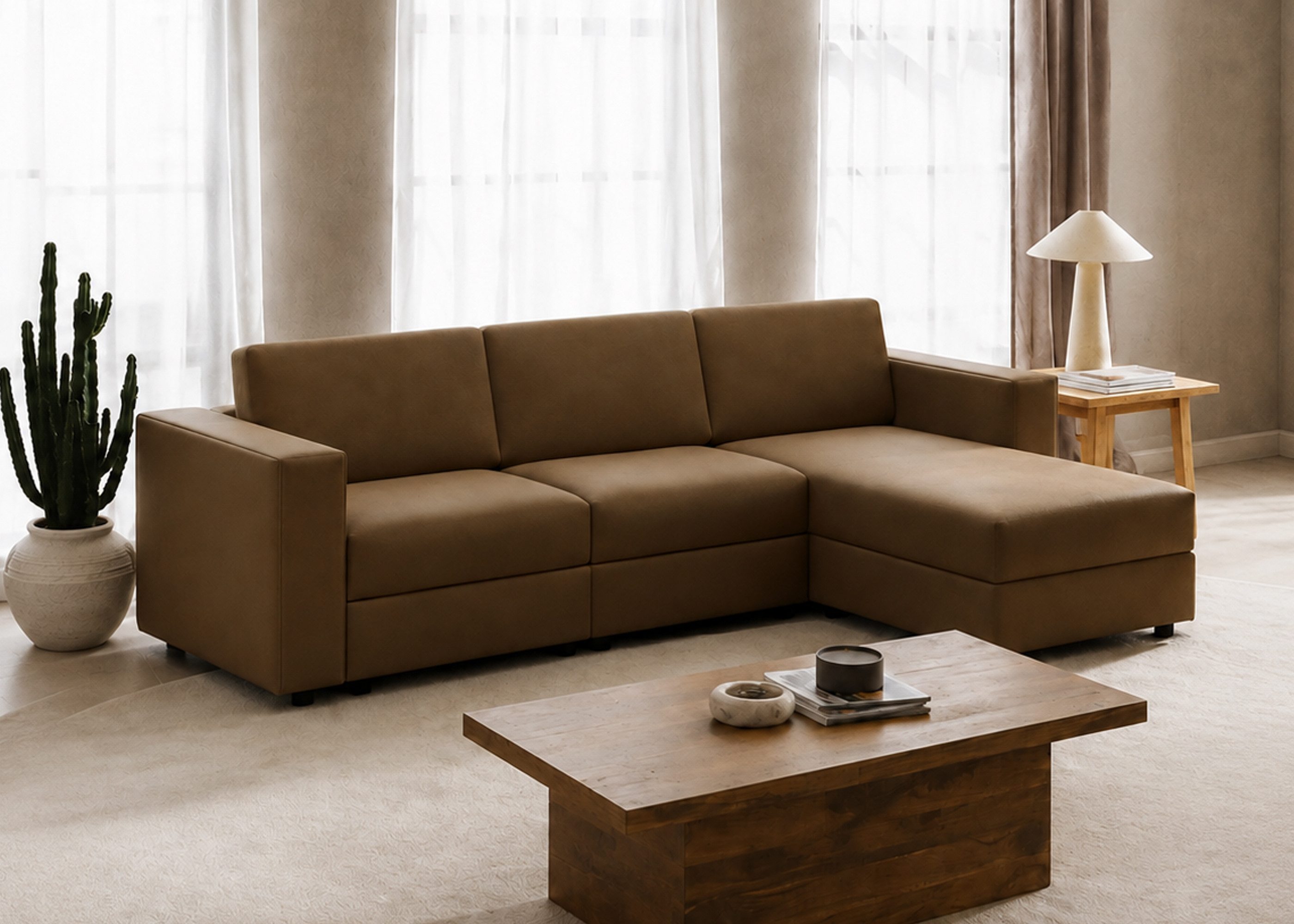 oleyluckidea Big-Sofa Ecksofa L form couch mit bodensofa Recamiere Braun Stoff sofa 305cm