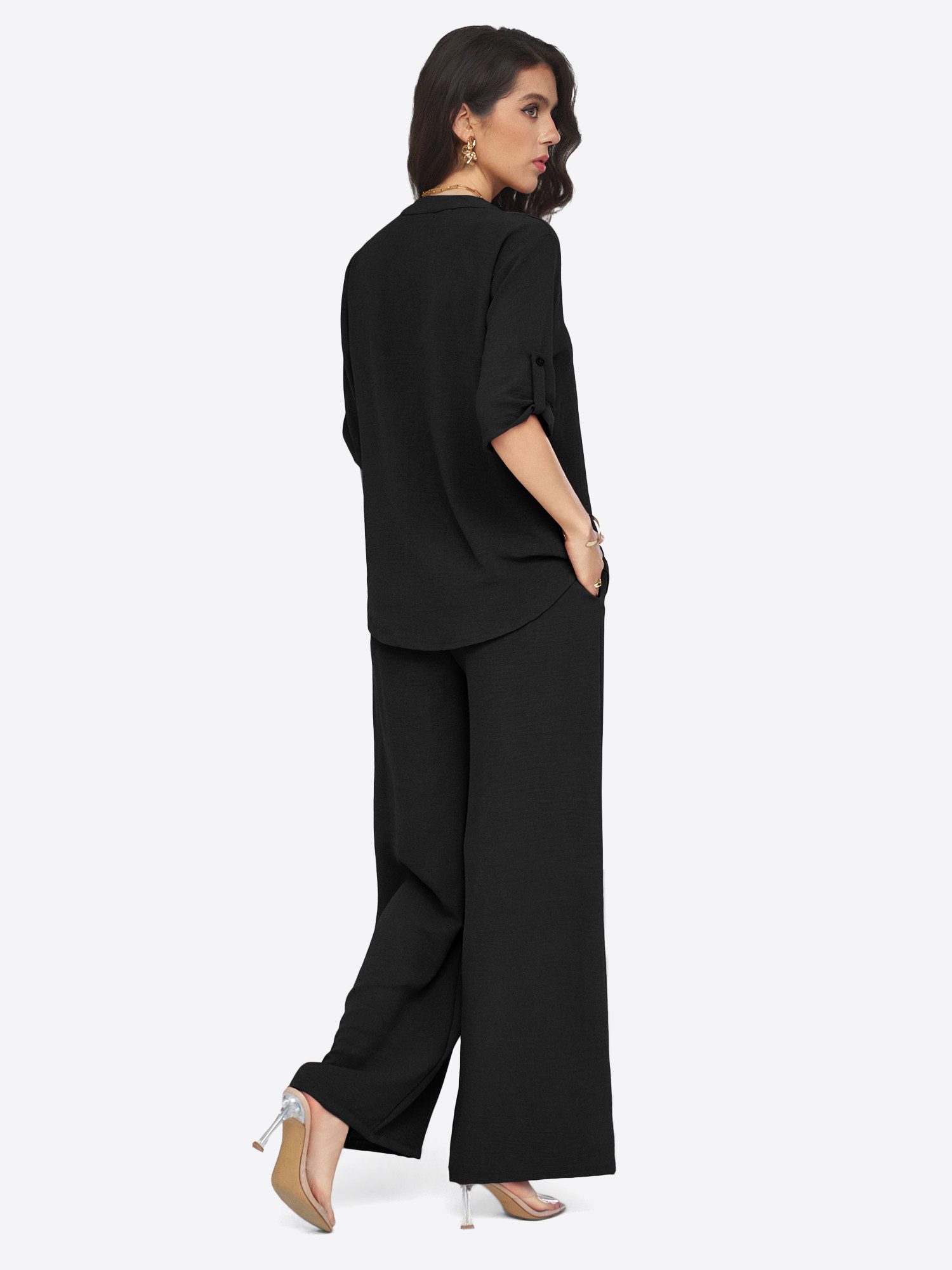Imily Bela Hausanzug Damen 2-teiliges Freizeit-Set mit Roll-up-Ärmeln und Palazzohose (Set, 2 tlg., Bluse + Palazzohose) in Unifarbe