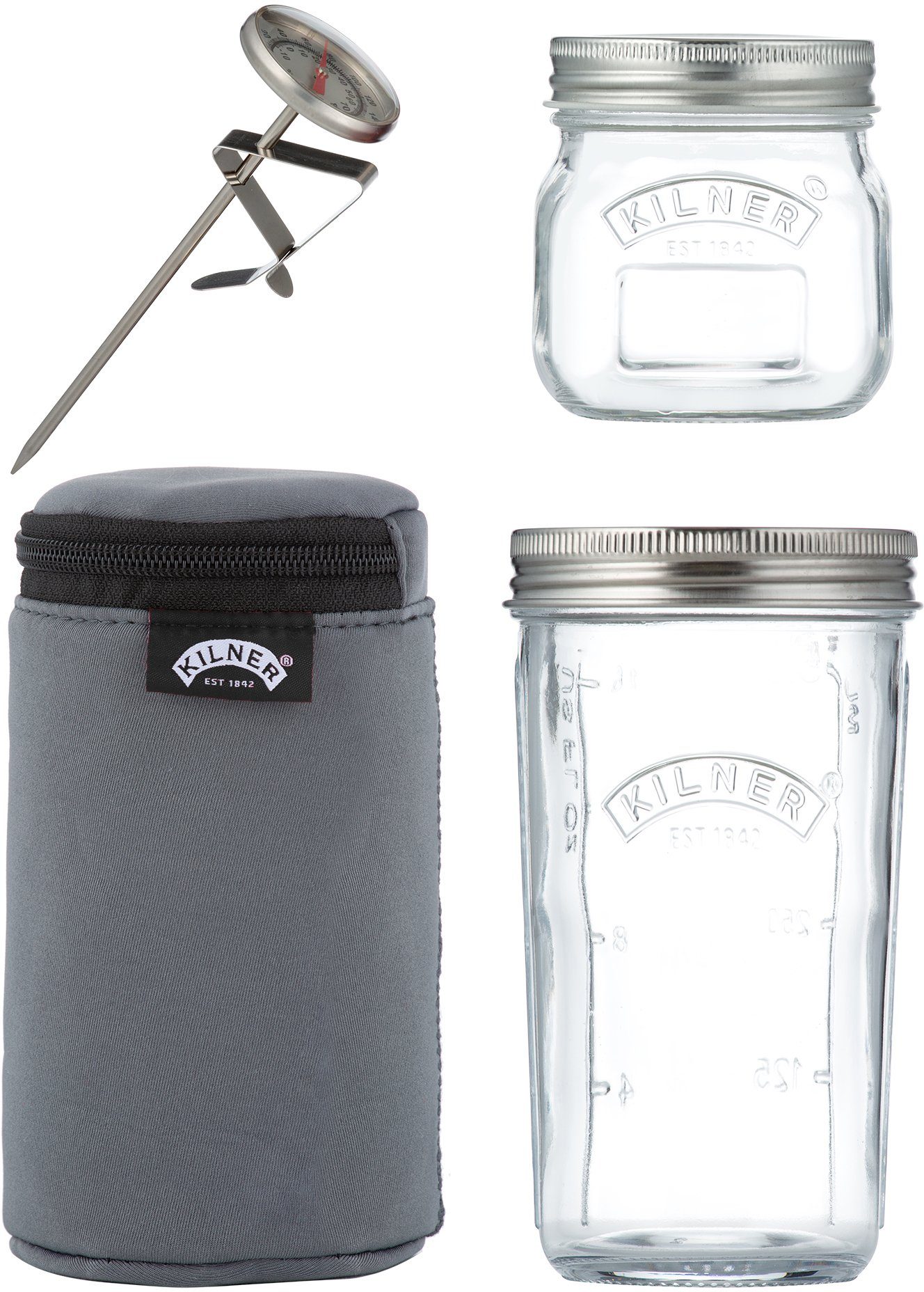 KILNER Aufbewahrungssystem, Glas, (Set, 4-tlg), mit Schraubdeckel, sowie ein Thermometer und Neopren-Isolierbeutel)
