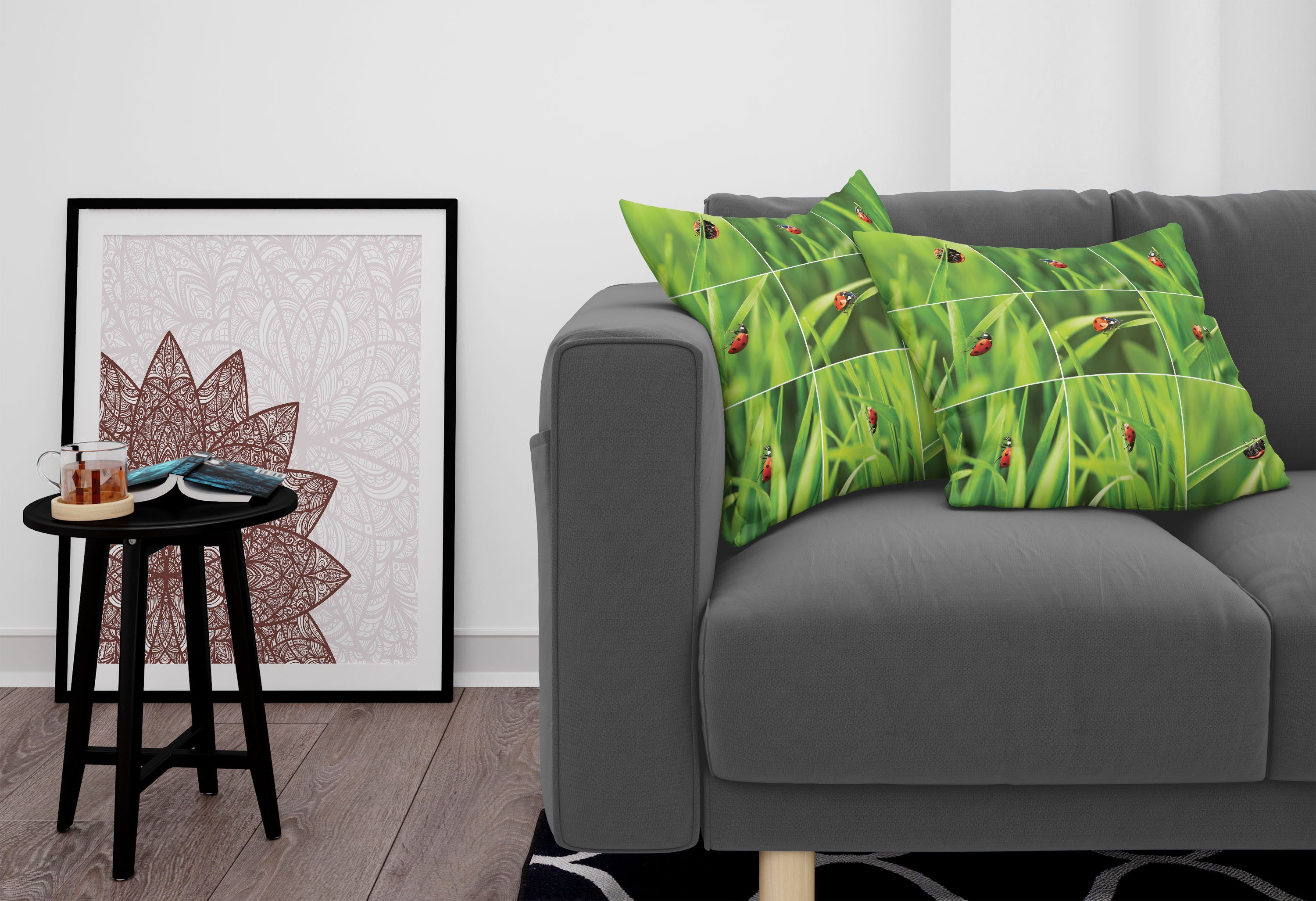 Gras Modern frisches Natur Marienkäfer Stück), (2 über Abakuhaus Doppelseitiger Digitaldruck, Kissenbezüge Accent
