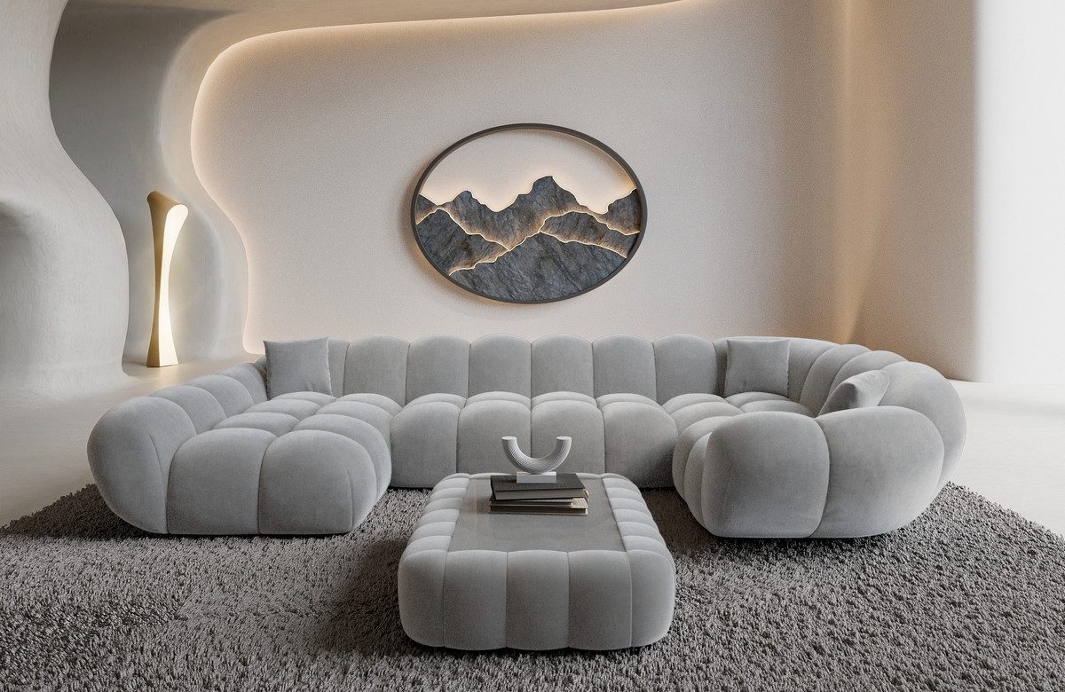 Sofa Dreams Wohnlandschaft Maleron U Form Design Stoffsofa, Stoff Polsterecke, 6-Sitzer, Ottomane links, Samtstoff Hellgrau