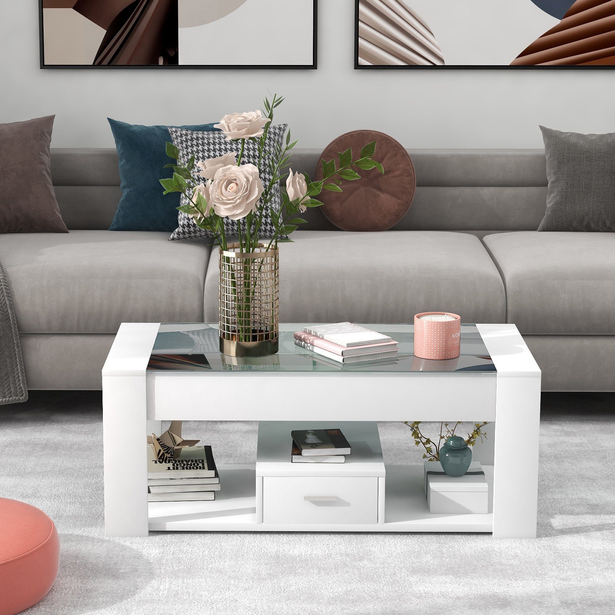 Merax Couchtisch, mit Glastischplatte und Schubladen, günstig online kaufen
