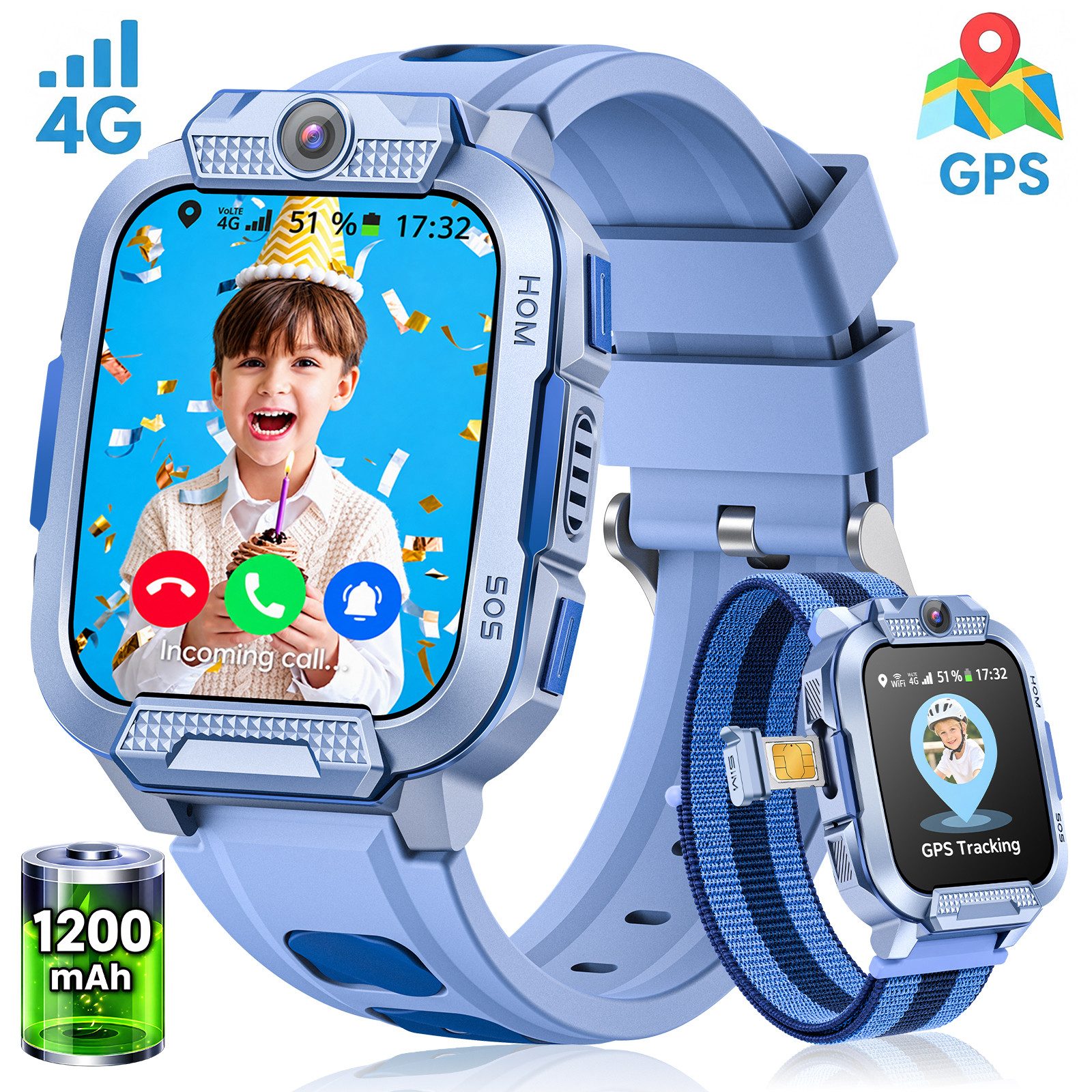 Whraills 2026 4G Kinder Smartwatch mit GPS Telefon Video SOS für Jungen Mädchen Smartwatch 4-fache Ortung (GPS, WLAN, LBS, AGPS), Sicherheitszonen, Eltern App, Schulmodus, 1,93 Zoll Display, IP68/5ATM Wasserschutz, 1200mAh, Schrittzähler, Spiele und Sprachchat
