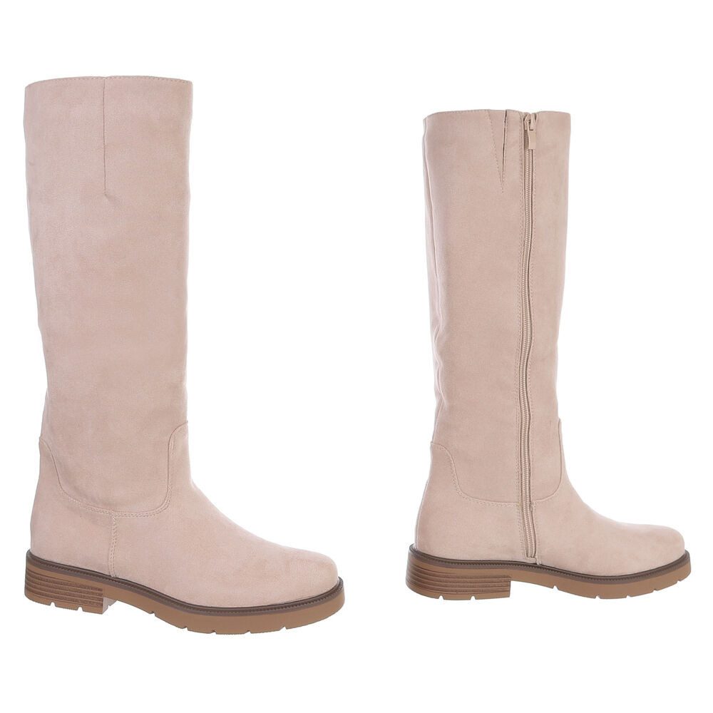 Ital-Design Damen Langschaftstiefel mit Reißverschluss und Profilsohle Stiefel (92299640) Blockabsatz Flache Stiefel in Beige – Bild 4 von 5
