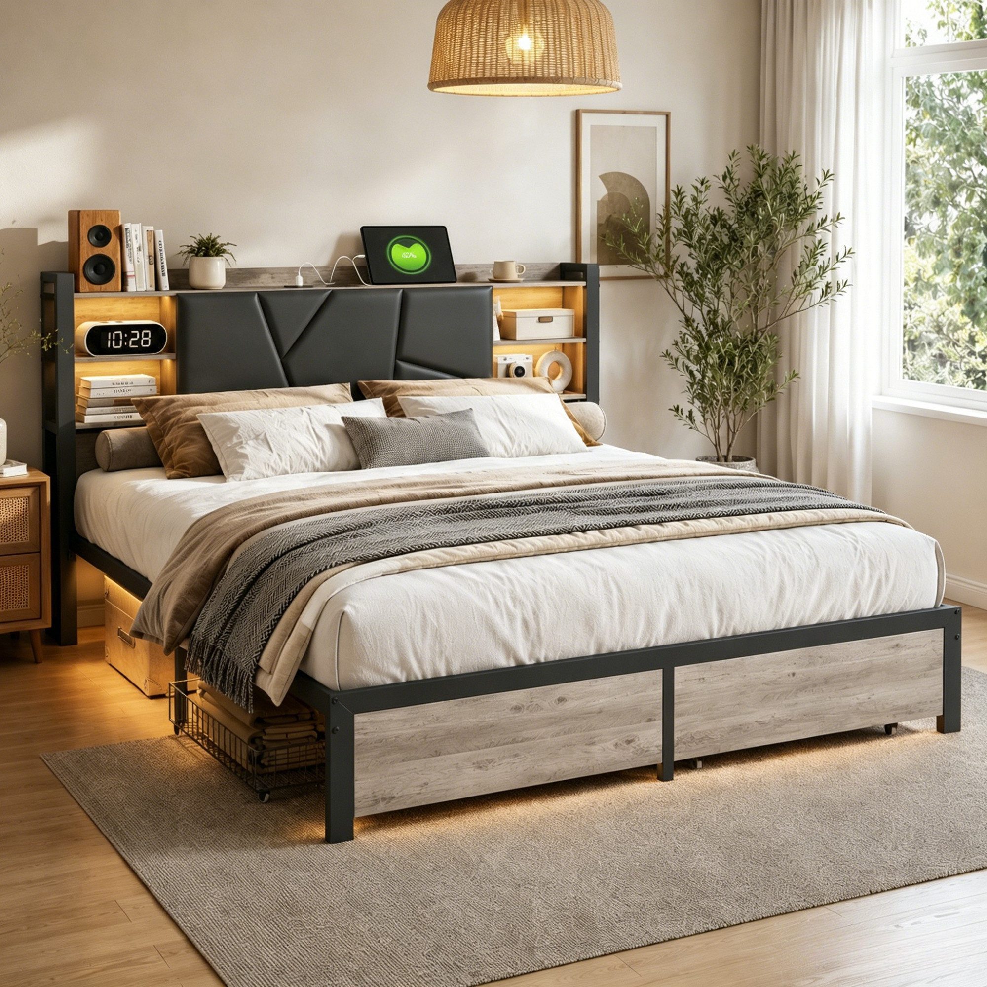 Simurq Jugendbett Metallbett Bettgestell 140x200 cm mit LED Beleuchtung und USB (Packung, 1-tlg., Metallrahmen Stabiler Bettrahmen), Doppelbett mit Schubladen Stauraum