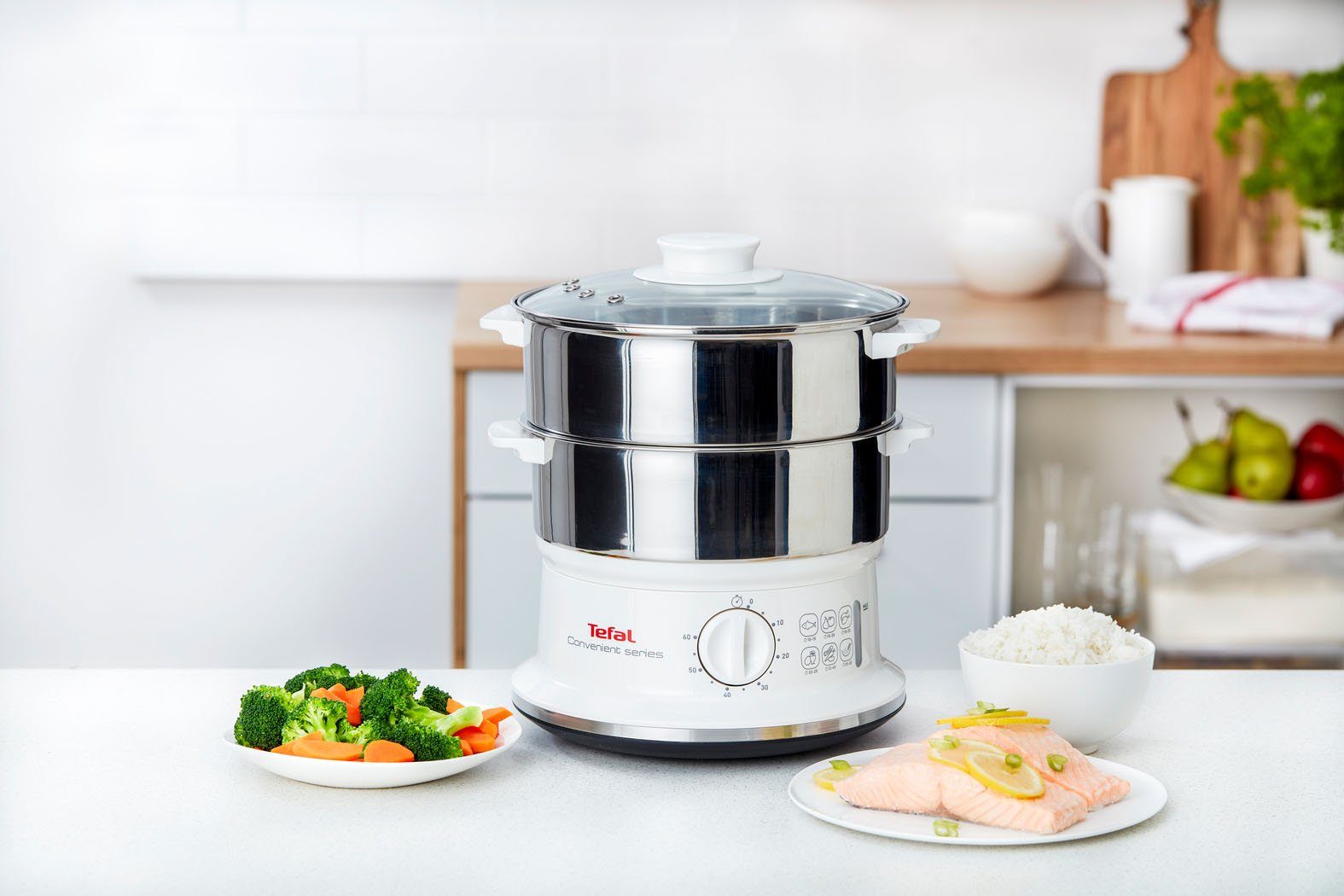Tefal Dampfgarer Convenient Series, 900 W, 2 Edelstahlbehälter, 6 L, Ø 24cm, Timer, Abschaltautomatik, VC1451