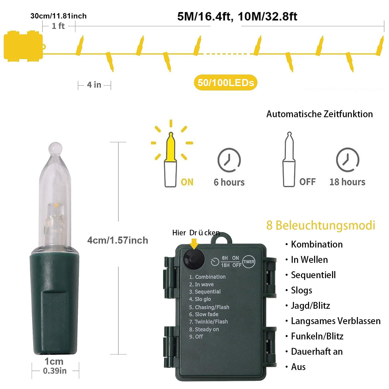 Jibenhome Lichterkette 50/100 LEDs LED-Lichterkette 8 Modi 3 AA-Batterienbetrieb, Weihnachtsbeleuchtung Feiertagsdekoration