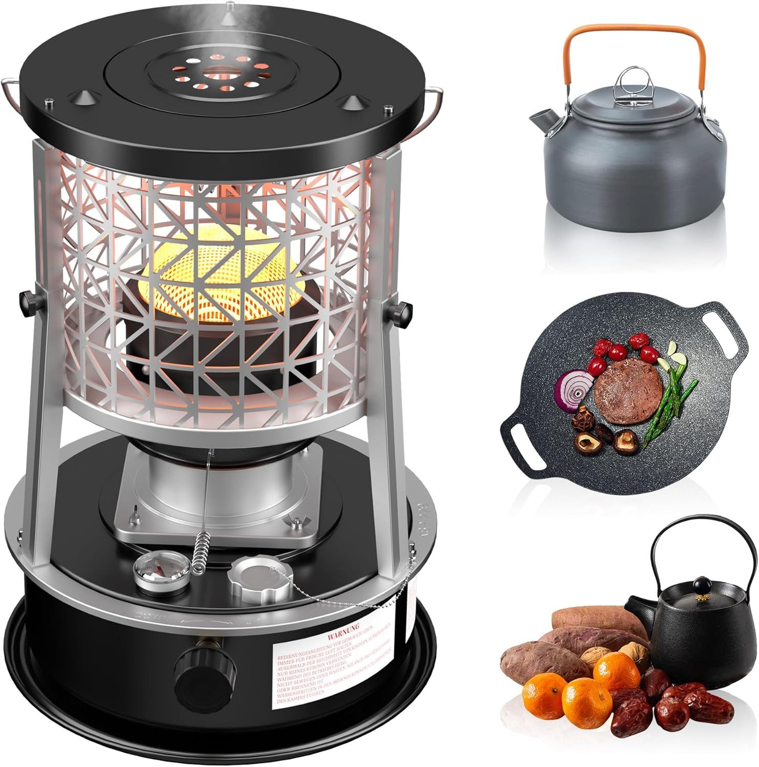 Rhein Beleuchtung Petroleumheizung Brennstoffbetriebener Raumheizkörper R95, 35.310 BTU/h Petroleumofen, 2600 W, Bioethanol-Heizofen mit 5 L Tank – klappbar, tragbar & effizient