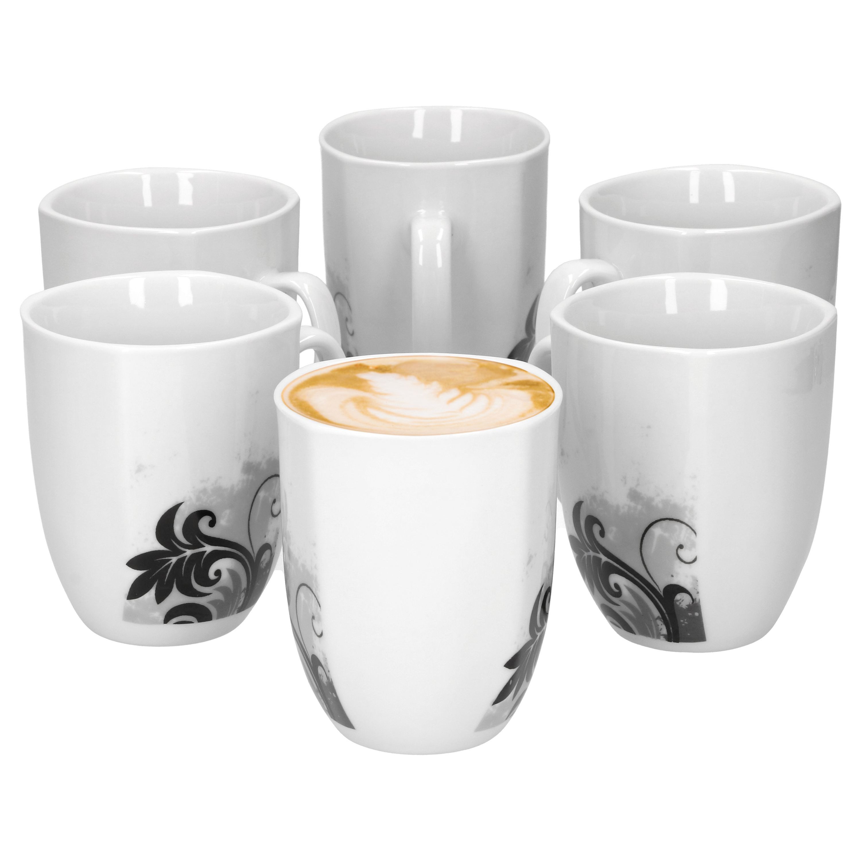 van Well Becher 6er Set Kaffeebecher Black Flower 33cl, Porzellan