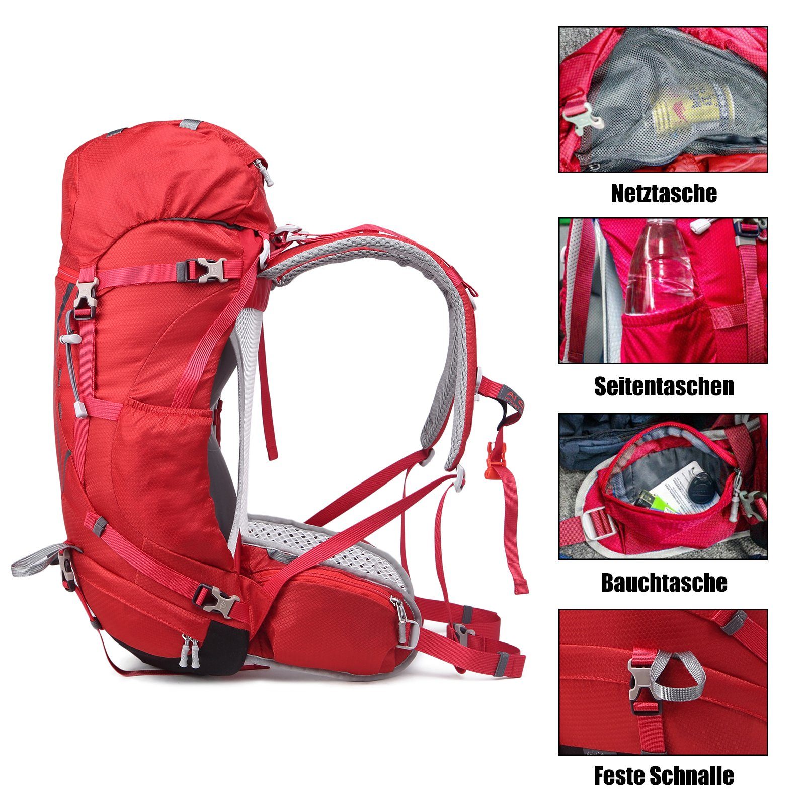 Trekking Reisen mit Wasserdicht 35L Outdoor Wanderrucksack, Großer Rot TAN.TOMI Regenschutz), für Kletterrucksack Multifunktionaler Camping (Einschließlich Regenschutz (30L+5L)
