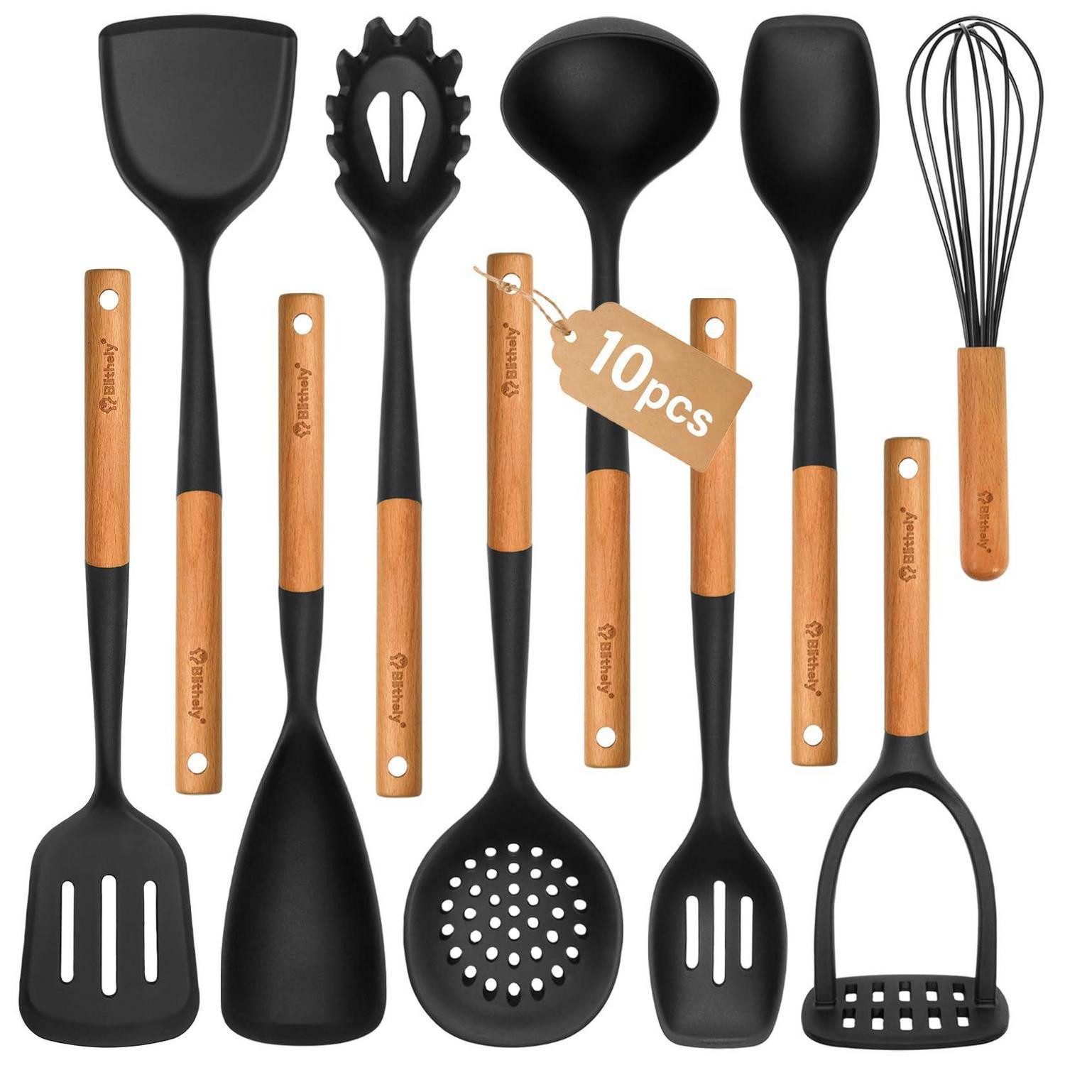 LuxusKollektion Küchenorganizer-Set Küchenhelfer Set Silikon 10-tlg Holzgriff schwarz
