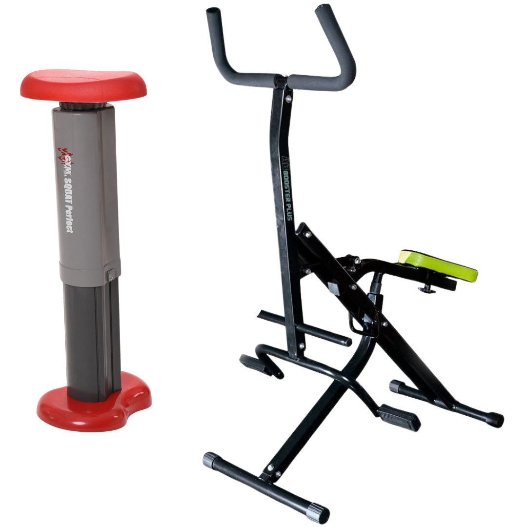 Gymform® Heimtrainer Ab Booster PLUS Trainingsgerät Set + Squat Perfect Beckenbodentrainer (Spar-Set, inkl. Bildschirm, Trainingsanleitung und Diätplan), klappbar, Trainiert: Rücken, Gesäß, Bauchmuskeln, Beine und Arme