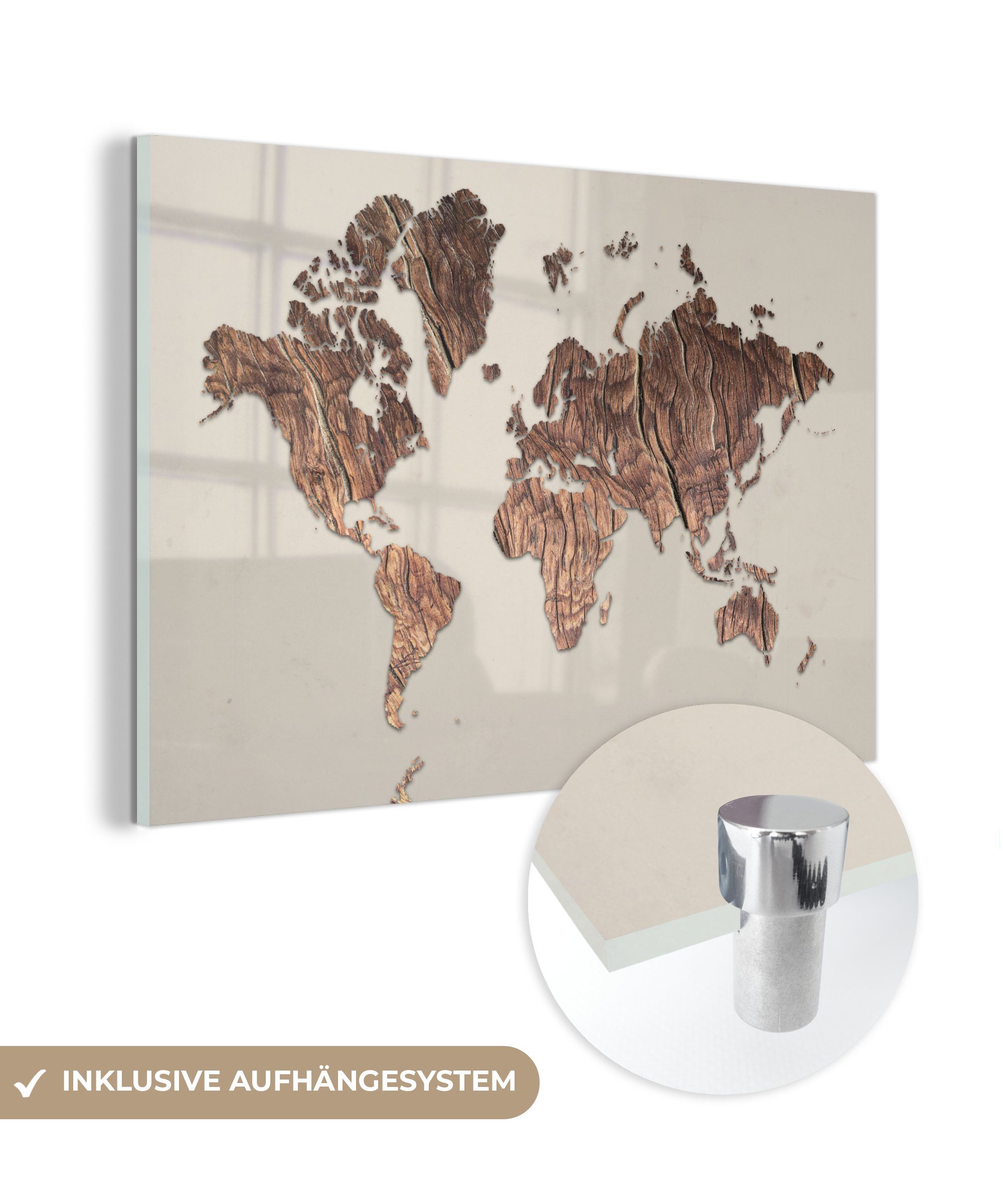 MuchoWow Acrylglasbild Weltkarte - Holztafel - Braun, (1 St), Glasbilder - Bilder auf Glas Wandbild - Foto auf Glas - Wanddekoration