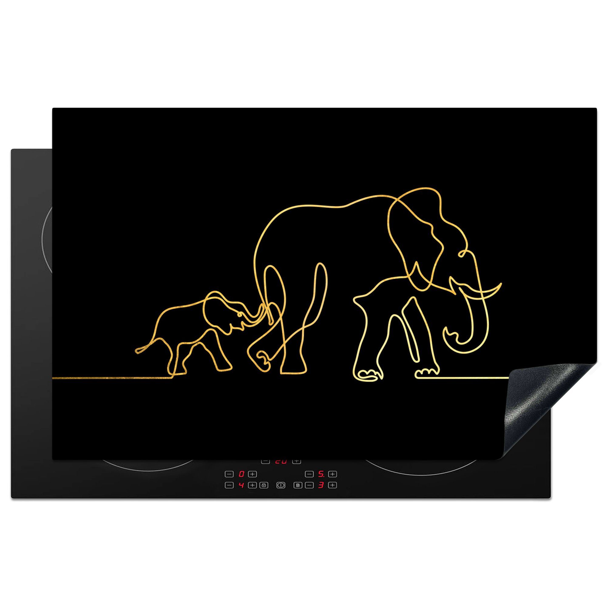 MuchoWow Herdblende-/Abdeckplatte Elefant - Gold - Schwarz - Minimalismus, Vinyl, (1 tlg), 81x52 cm, Induktionskochfeld Schutz für die küche, Ceranfeldabdeckung