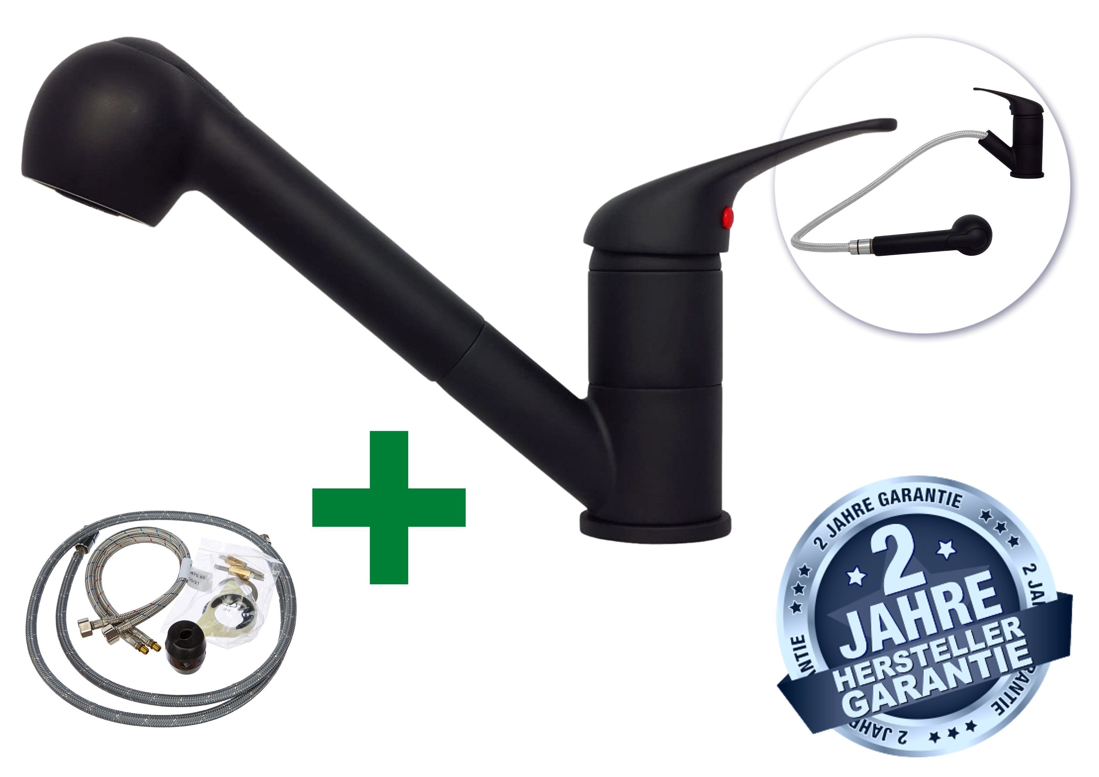 Faizee Furniture Granite Sink, Kitchen Sink with Siphon and Pull-Out Faucet, Black, Square