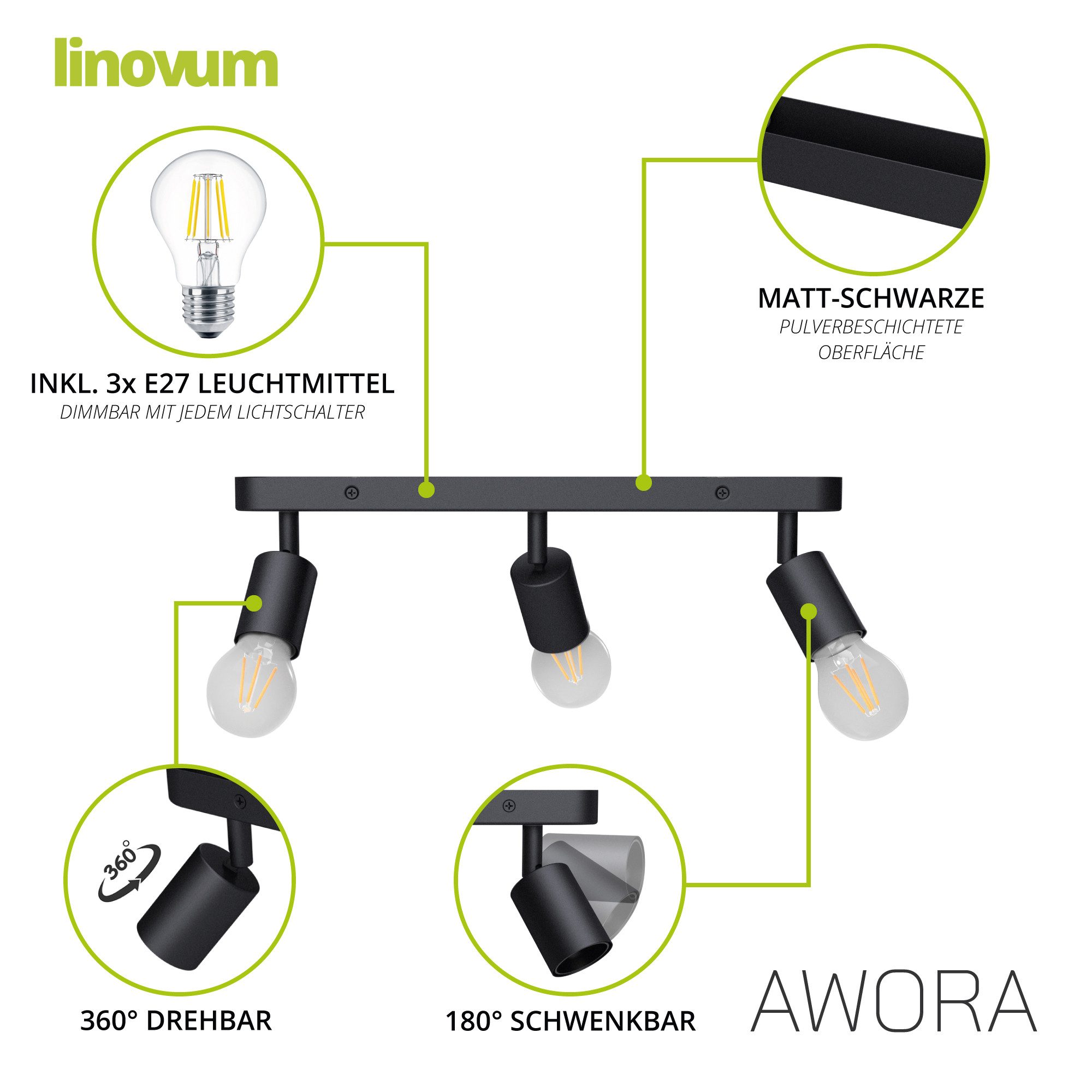 linovum LED Aufbaustrahler AWORA Deckenleuchte 3 flammig schwarz mit fourSTEP LED E27 warmweiß, Warmweiß