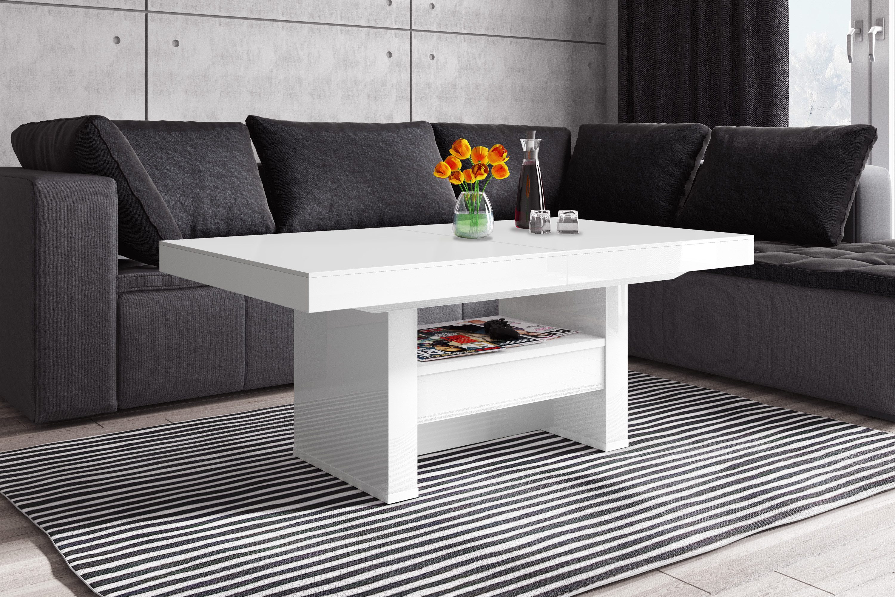 designimpex Couchtisch HLU-111 Weiß MATT / HOCHGLANZ Schublade höhenverstellbar ausziehbar, Funktionstisch, Wohnzimmertisch, Tisch, Esstisch, Sofatisch, Schublade