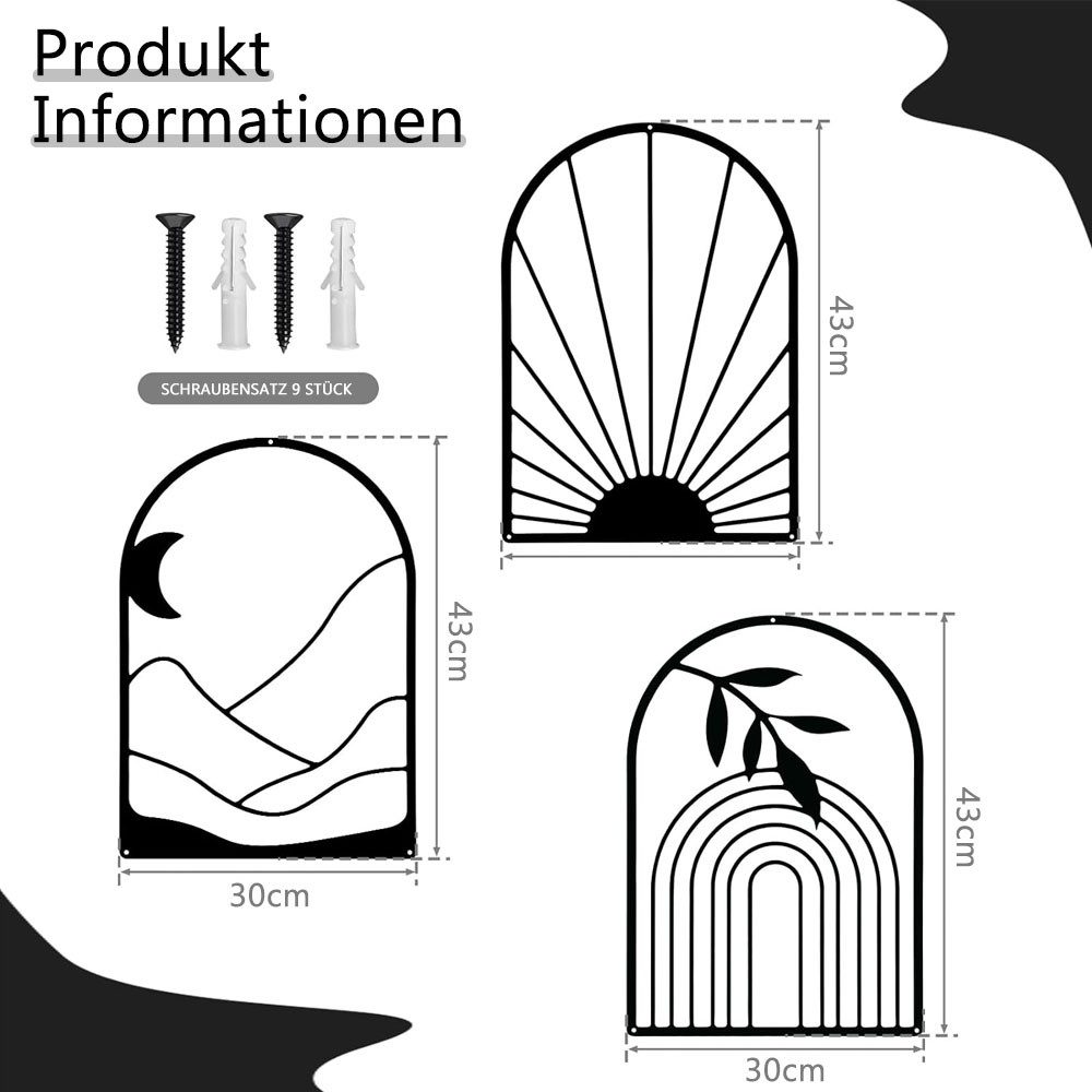 TUWENA Wanddekoobjekt 3 Stück Boho Metall Wandkunst,Moderne Geometrische Schwarze Dekoration – Bild 2 von 5