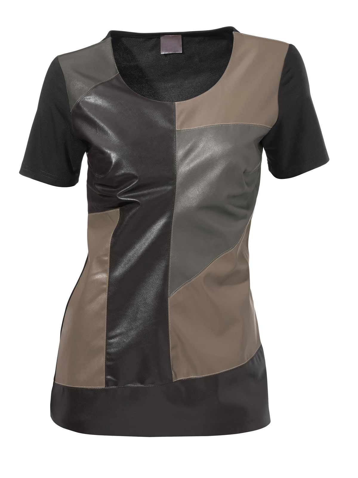 Damen by Rick Designer-Lederimitat-Shirt, Cardona cardona Rick schwarz-taupe Rundhalsshirt rick